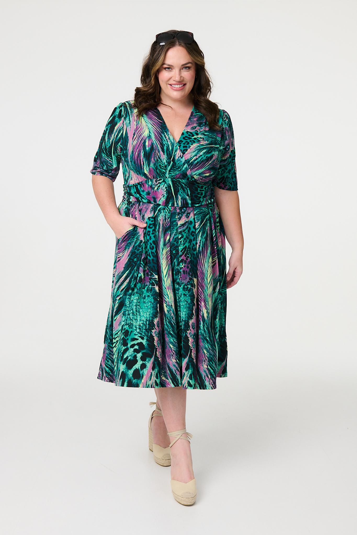 Feather Print 1/2 Sleeve Wrap Midi Dress Front View