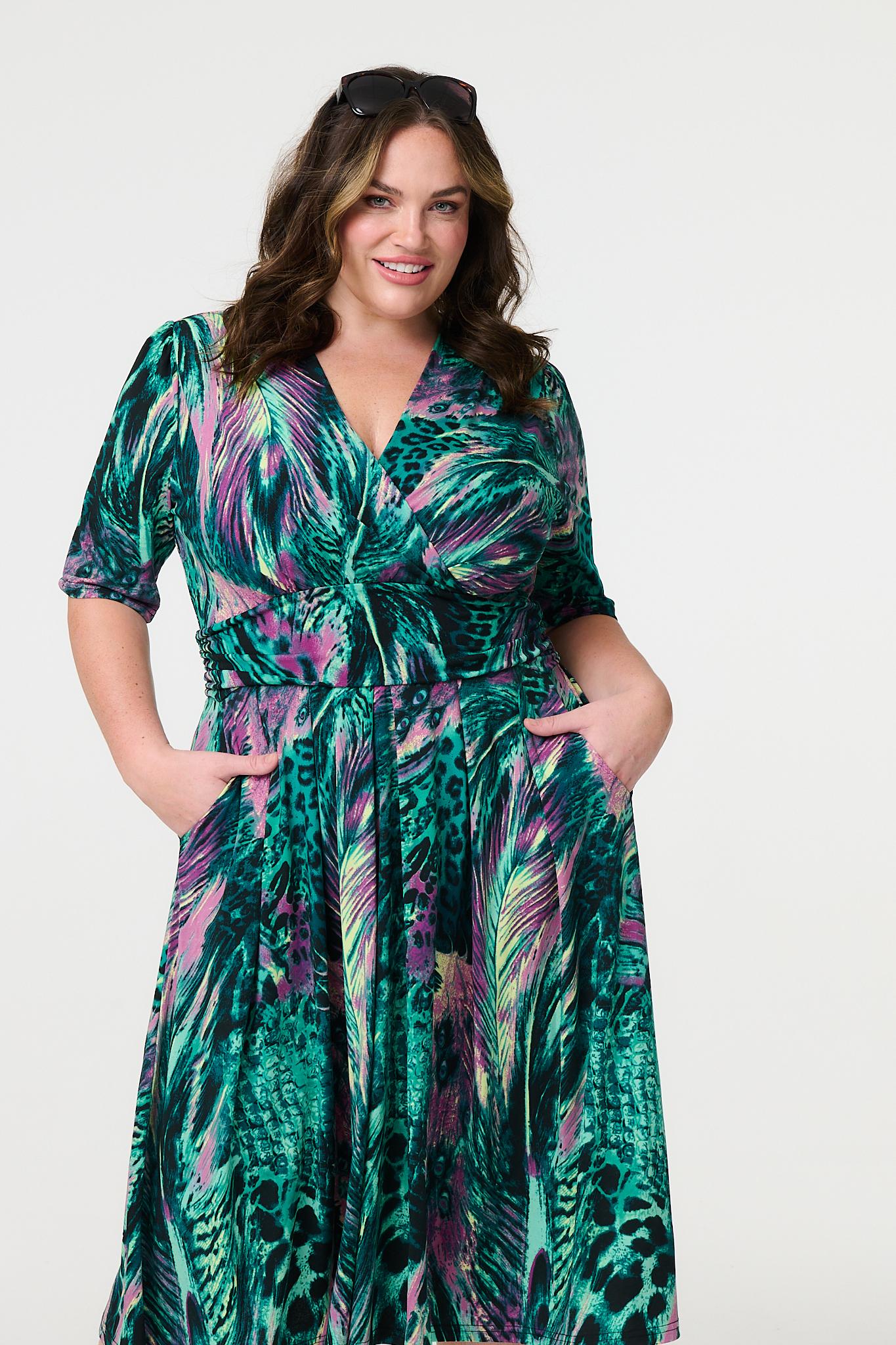 Feather Print 1/2 Sleeve Wrap Midi Dress Side View 2