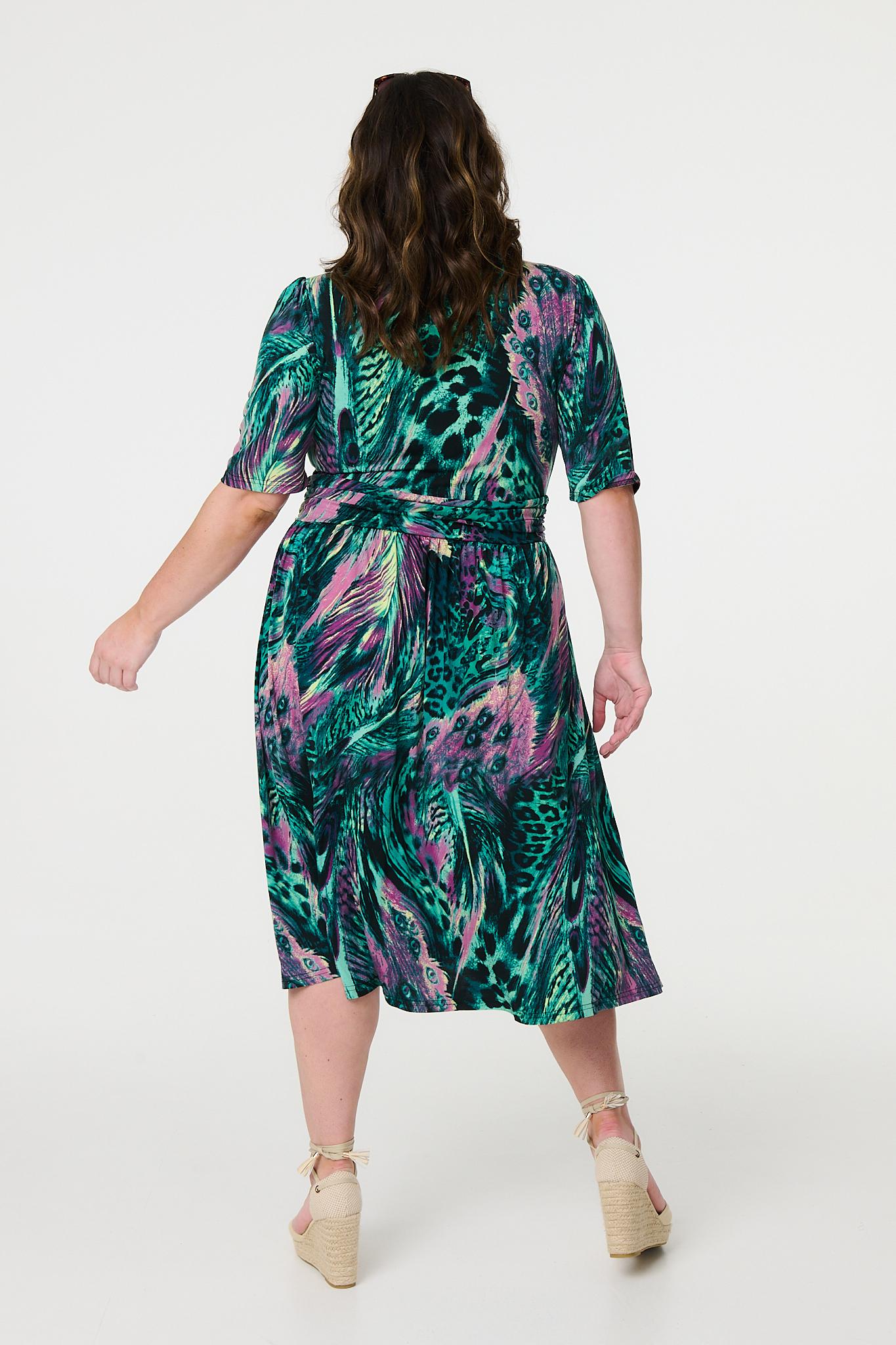 Feather Print 1/2 Sleeve Wrap Midi Dress Styled View