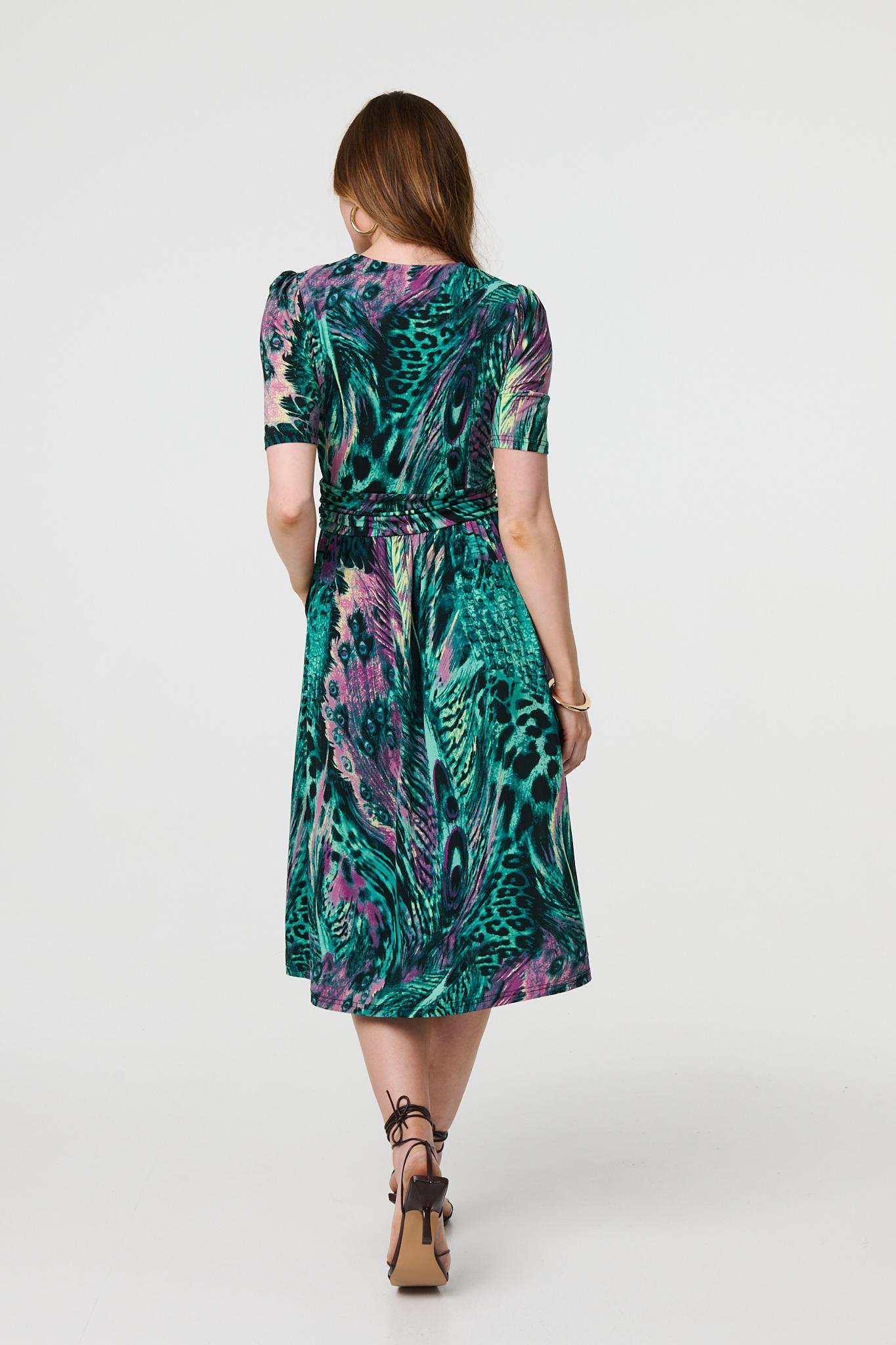 Feather Print 1/2 Sleeve Wrap Midi Dress Full Length View