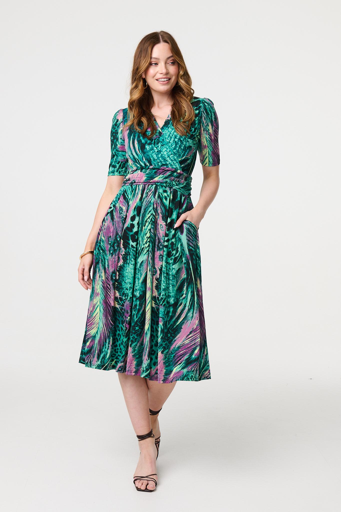 Feather Print 1/2 Sleeve Wrap Midi Dress Back View