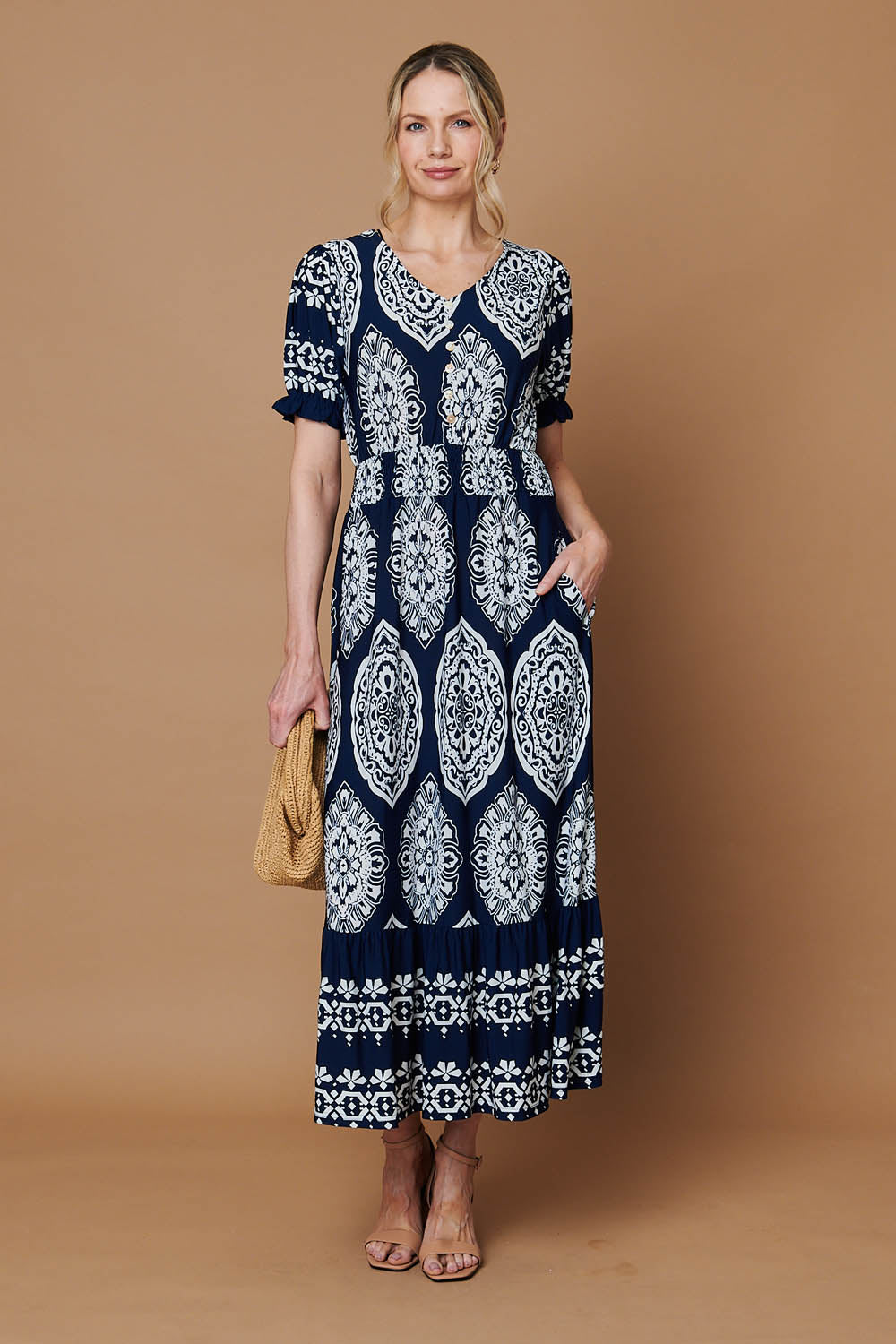 Printed Shirred Puff Sleeve Maxi Dress Front View