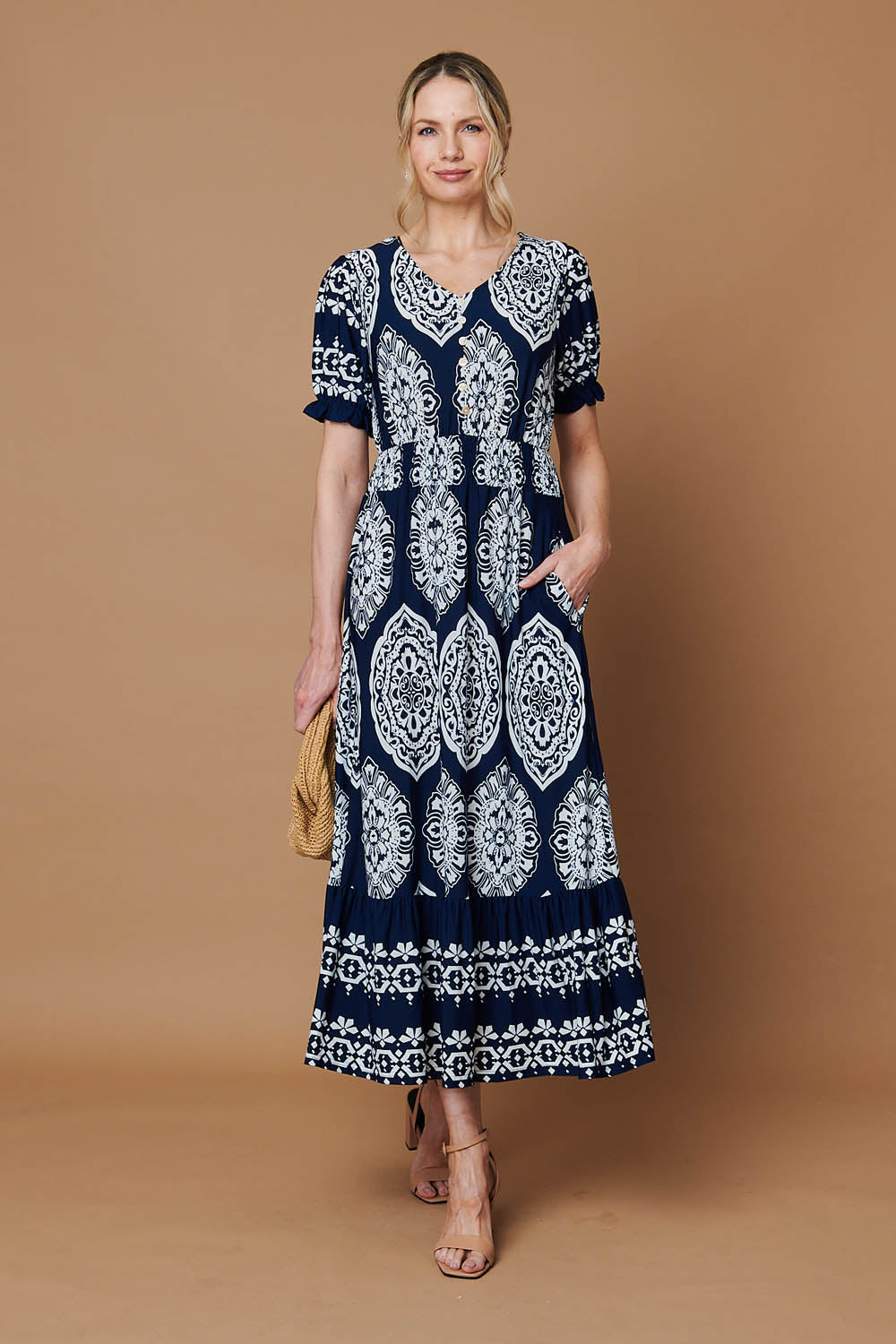 Printed Shirred Puff Sleeve Maxi Dress Detail View