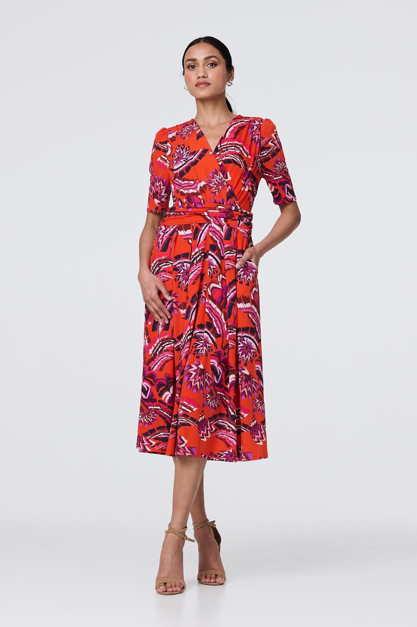Tropical Print Faux Wrap Midi Dress Front View