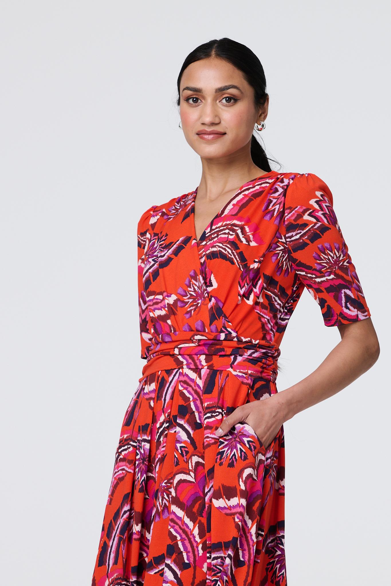Tropical Print Faux Wrap Midi Dress Back View