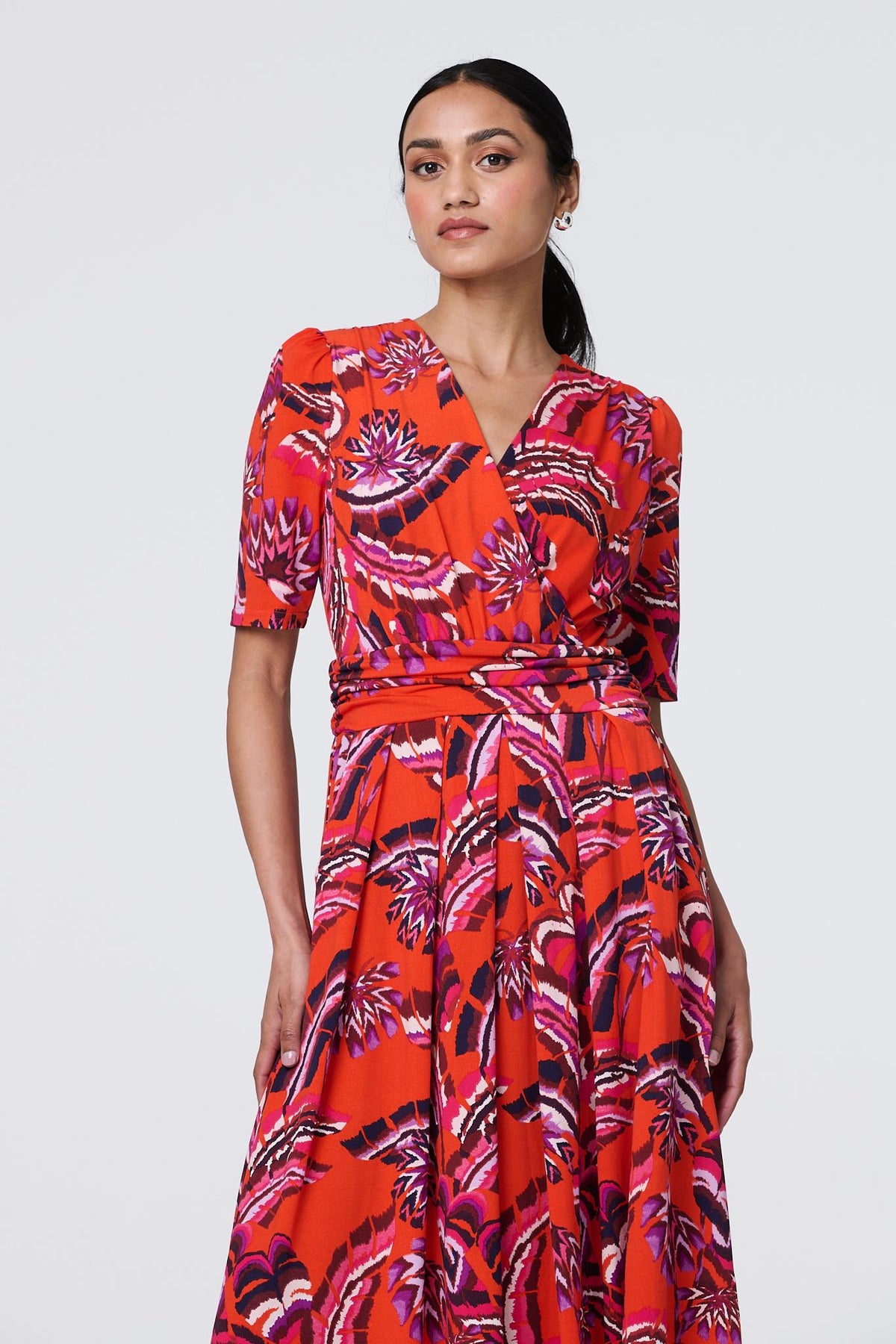 Tropical Print Faux Wrap Midi Dress Styled View