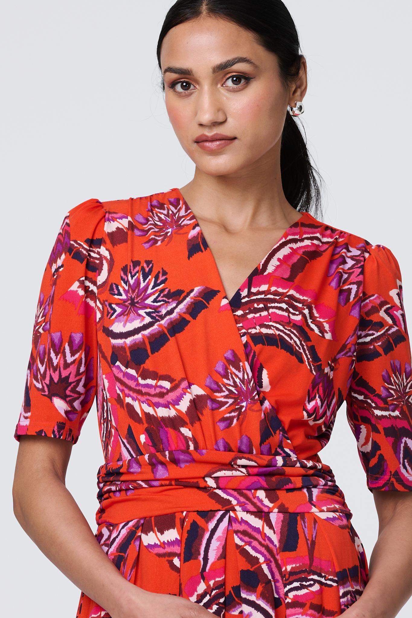 Tropical Print Faux Wrap Midi Dress Detail View