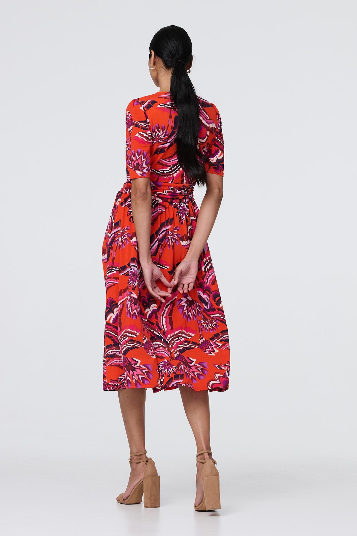 Tropical Print Faux Wrap Midi Dress Side View