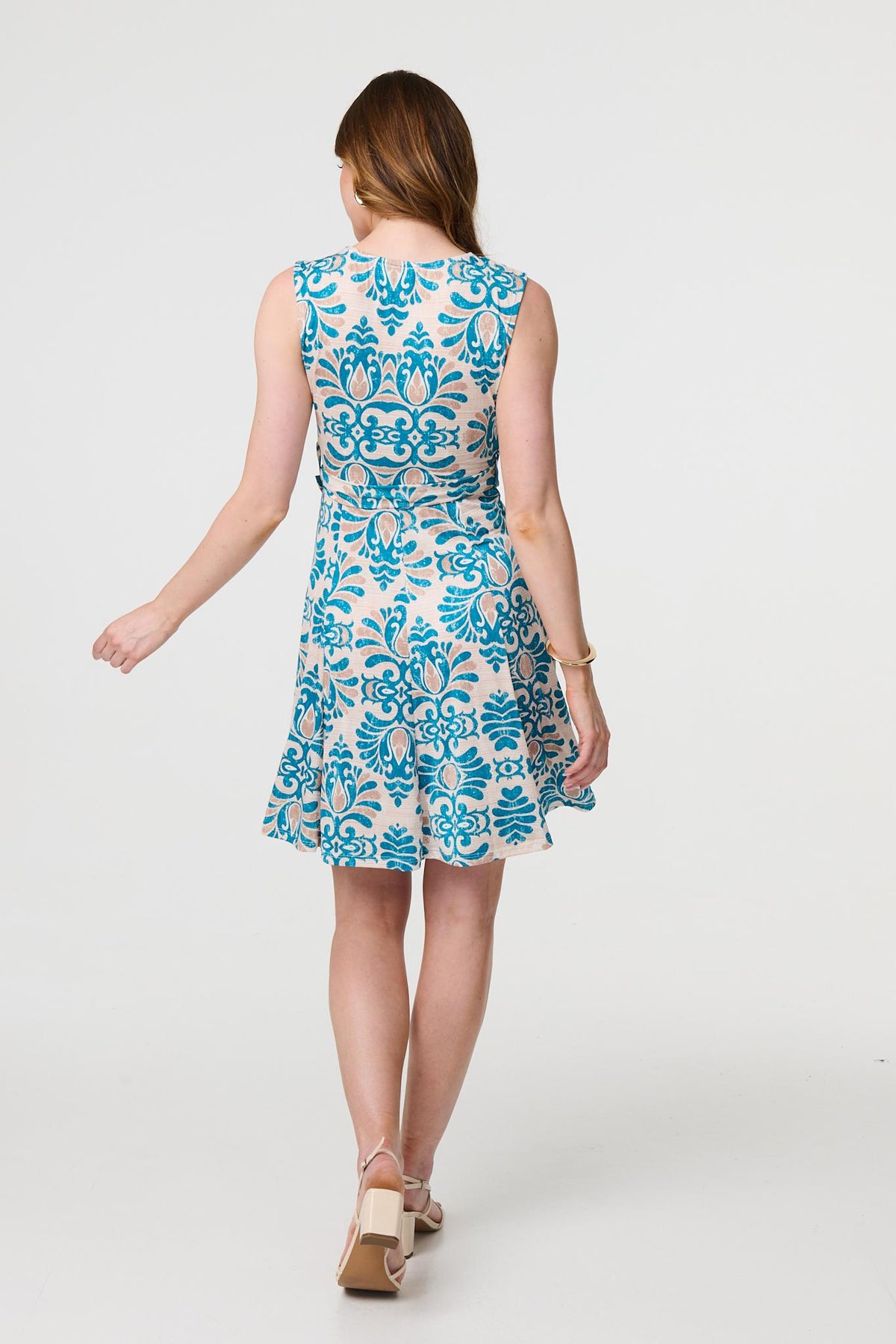 Printed Tie Waist Knee Length Skater Dress Front View 3