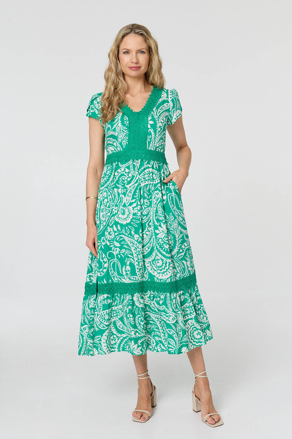Printed Lace Trim Tiered Midi Dress Detail View