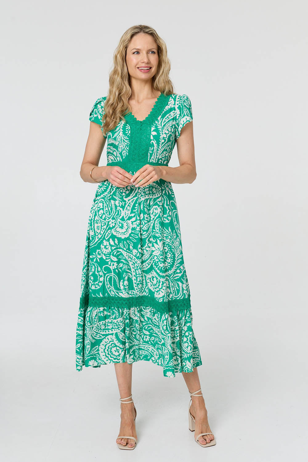 Printed Lace Trim Tiered Midi Dress Front View