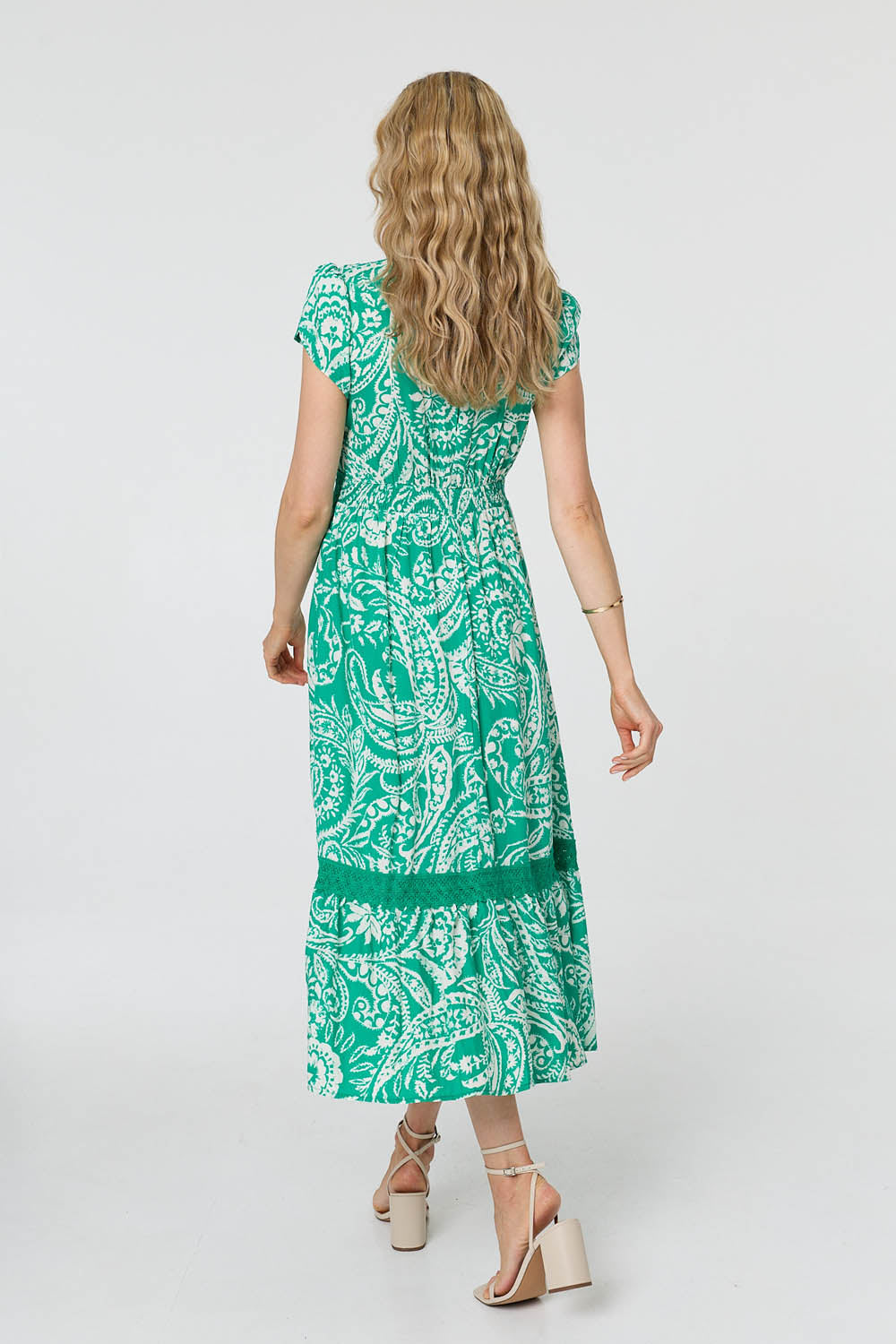 Printed Lace Trim Tiered Midi Dress Side View