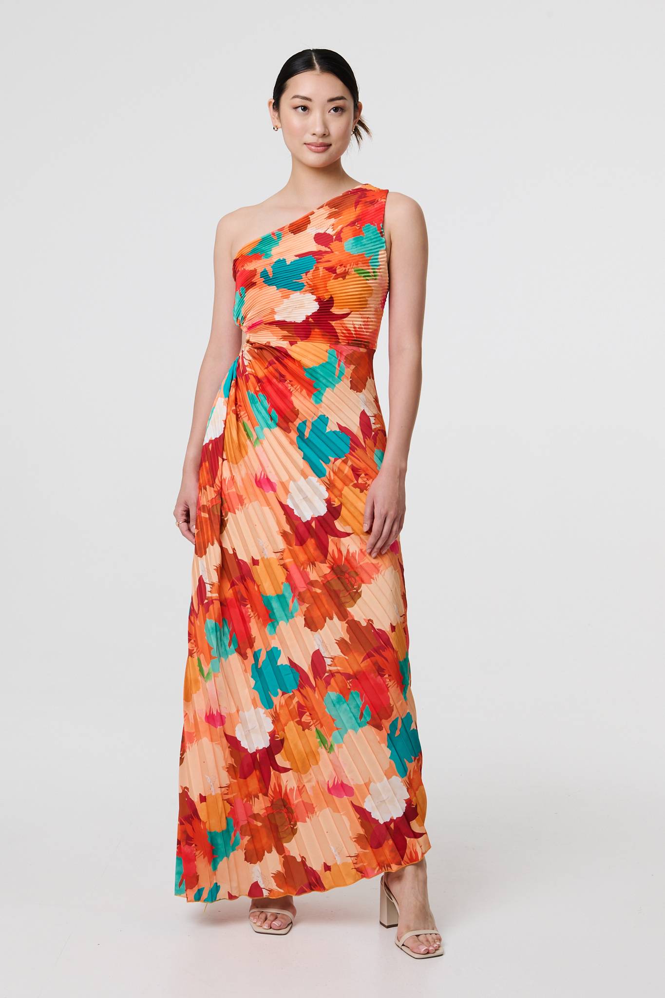 Floral One-Shoulder Pleated Maxi Dress Back View
