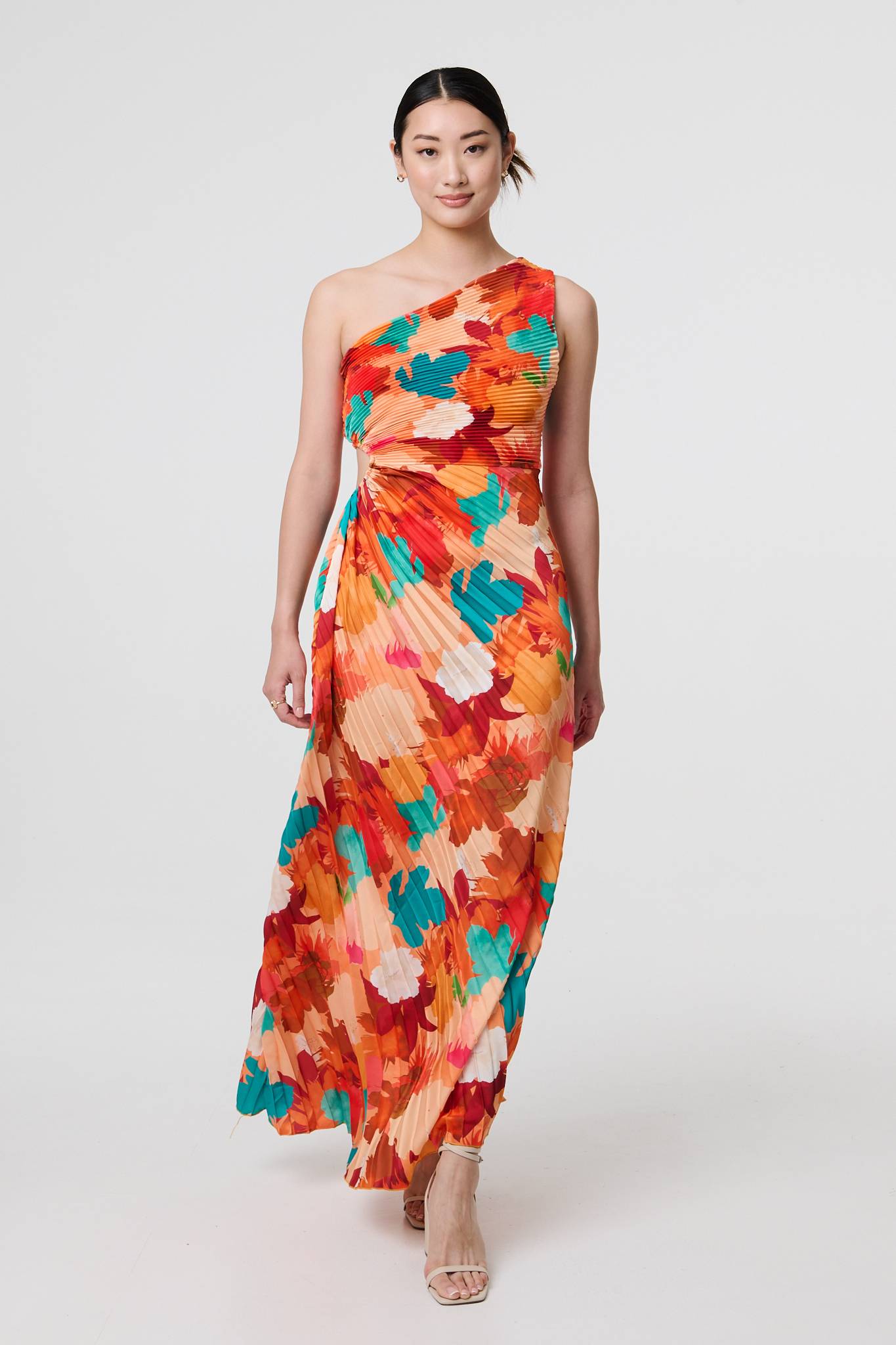 Floral One-Shoulder Pleated Maxi Dress Detail View