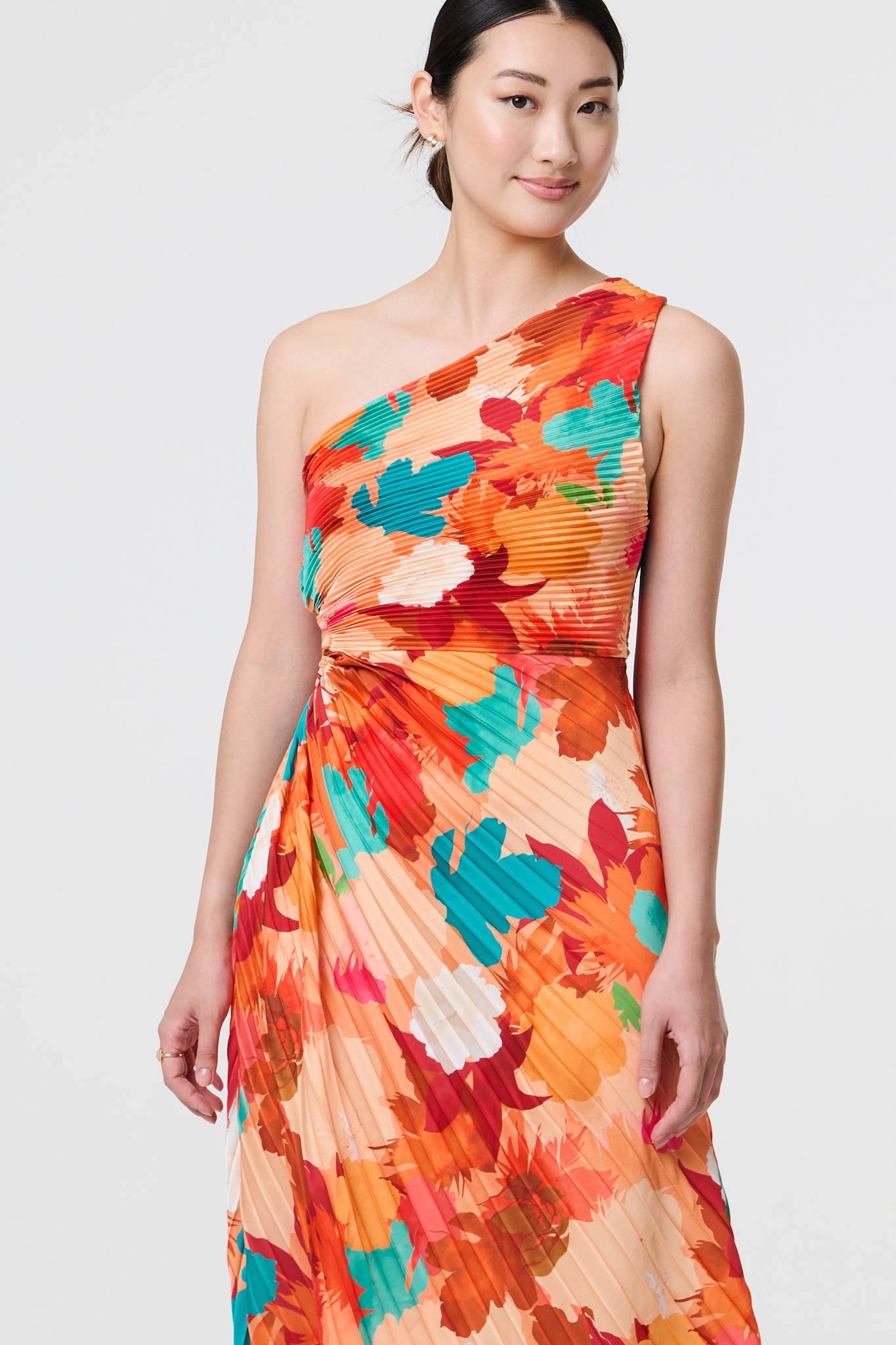 Floral One-Shoulder Pleated Maxi Dress Detail View 2