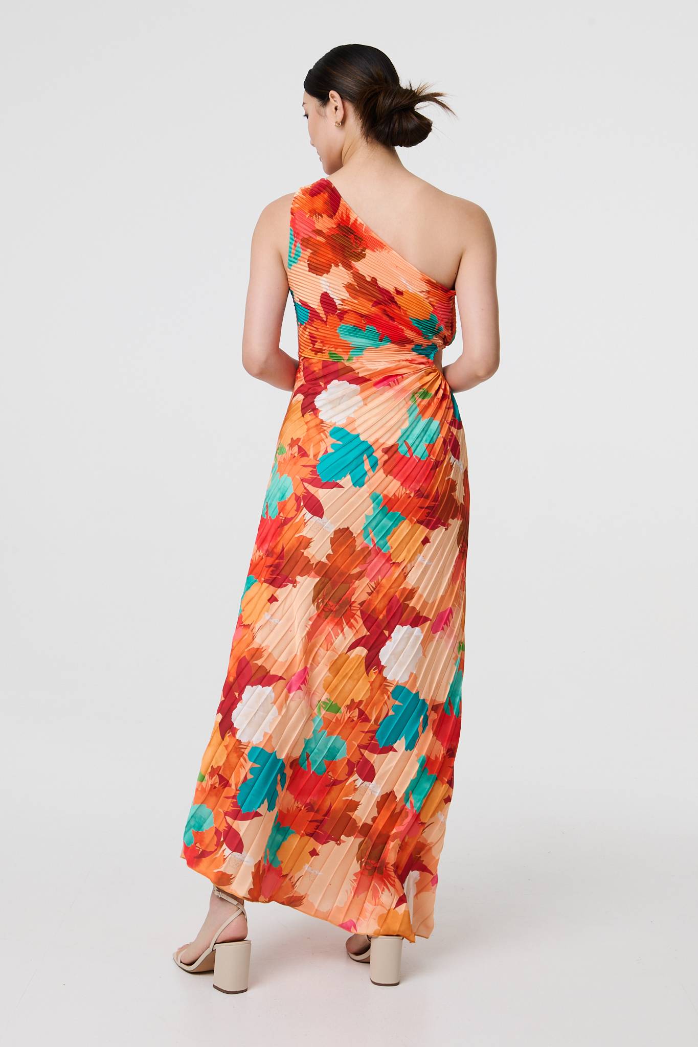 Floral One-Shoulder Pleated Maxi Dress Front View 2