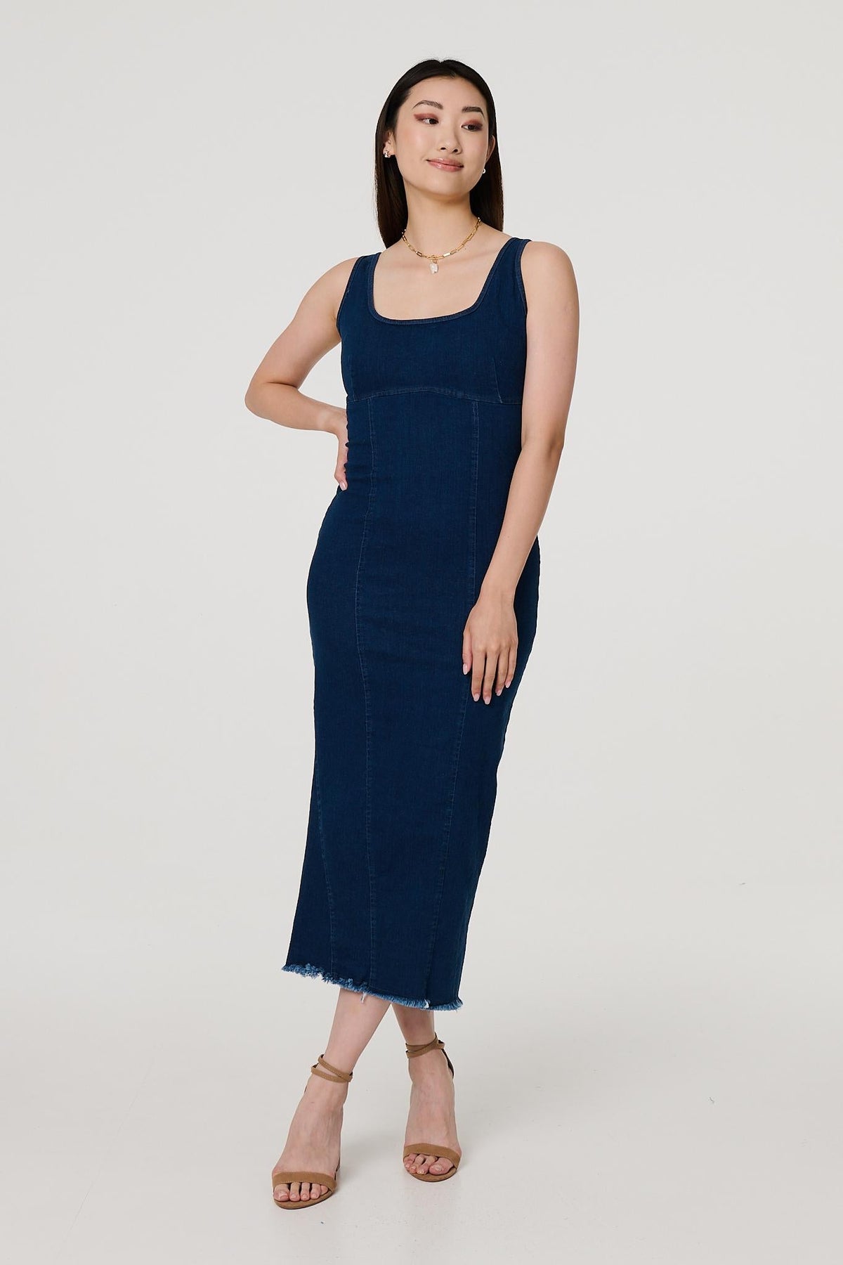 Denim Bodycon Midi Dress Front View 2