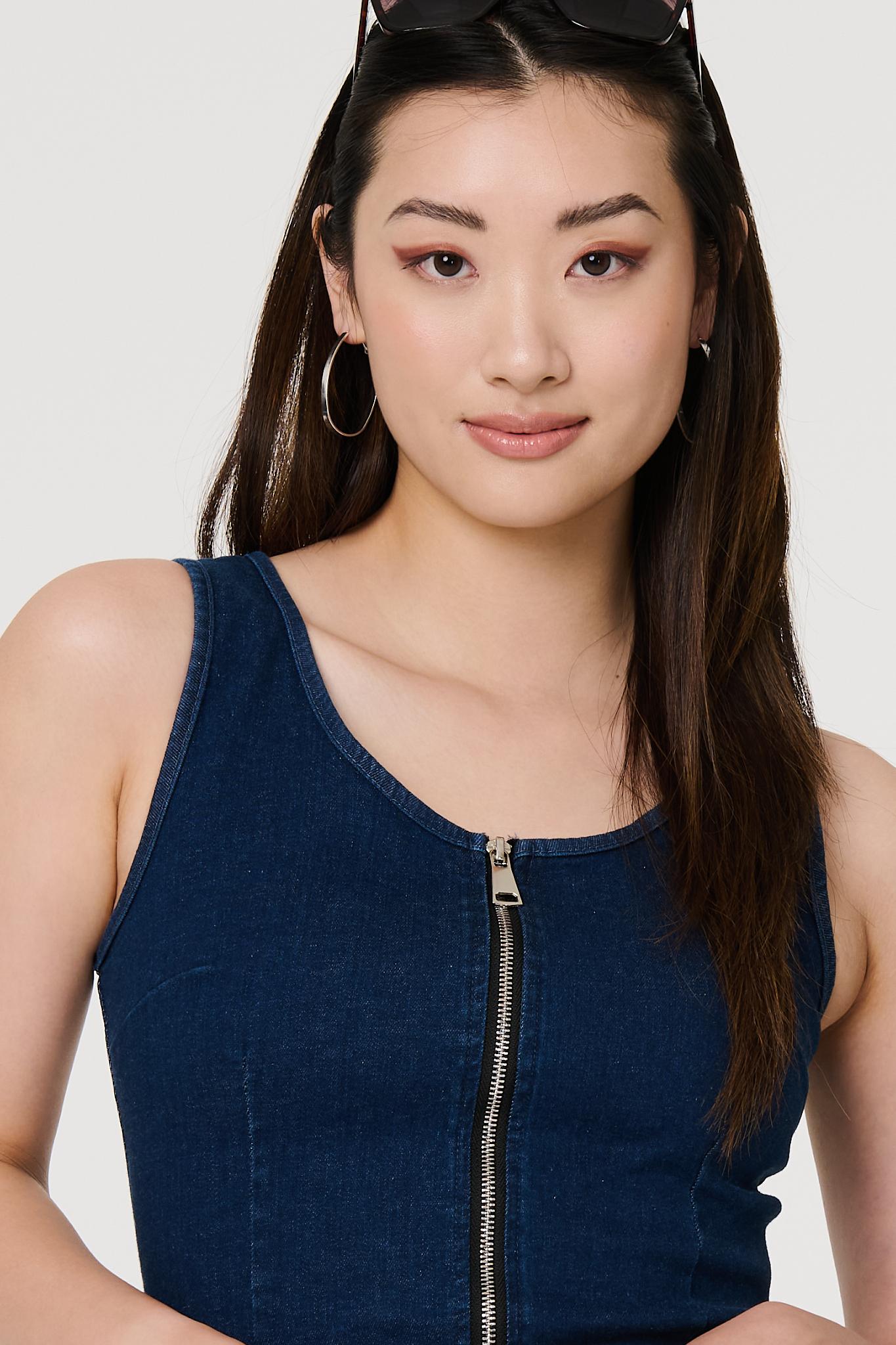 Denim Sleeveless Zip Front Shift Dress Side View