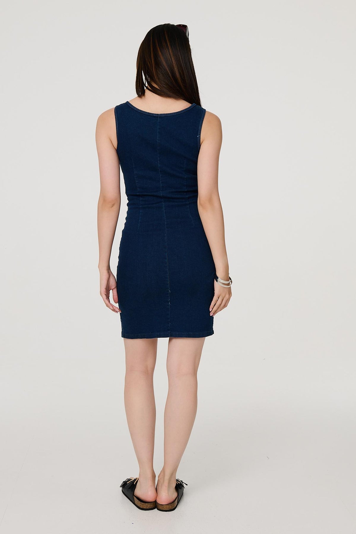 Denim Sleeveless Zip Front Shift Dress Full Length View