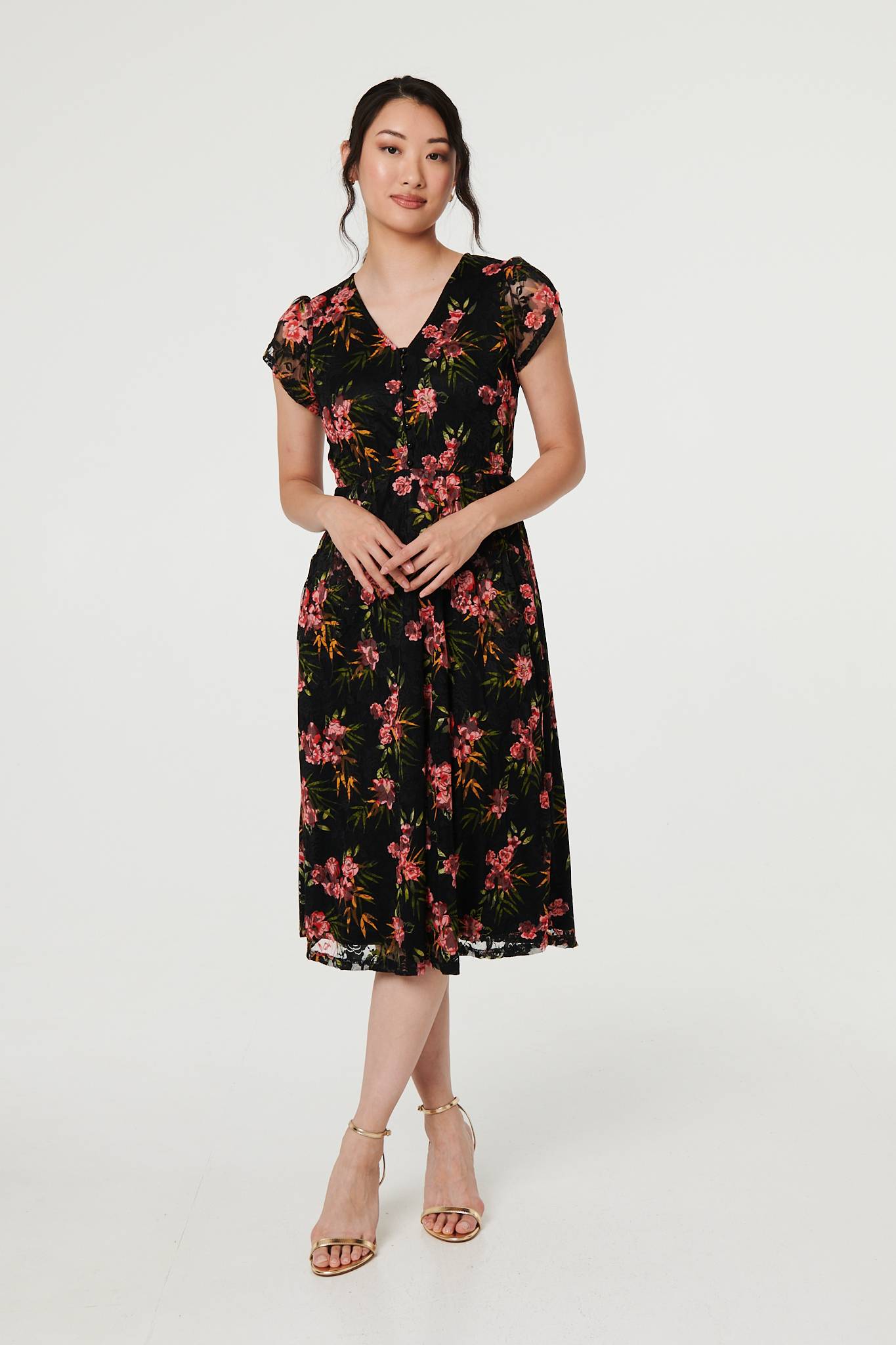 Floral Cap Sleeve Shirred Midi Dress Front View