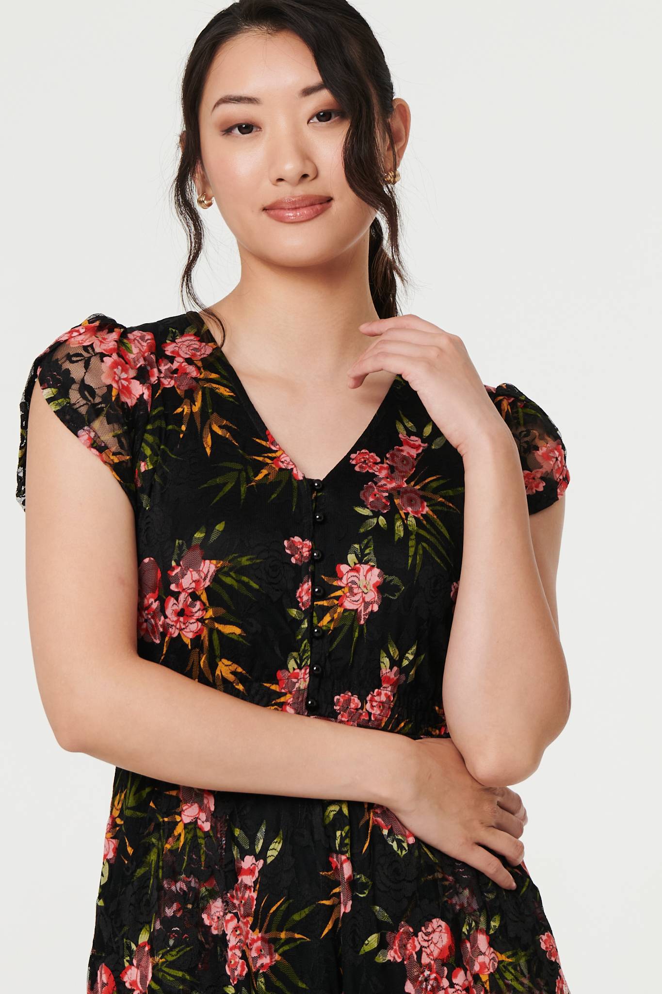 Floral Cap Sleeve Shirred Midi Dress Back View
