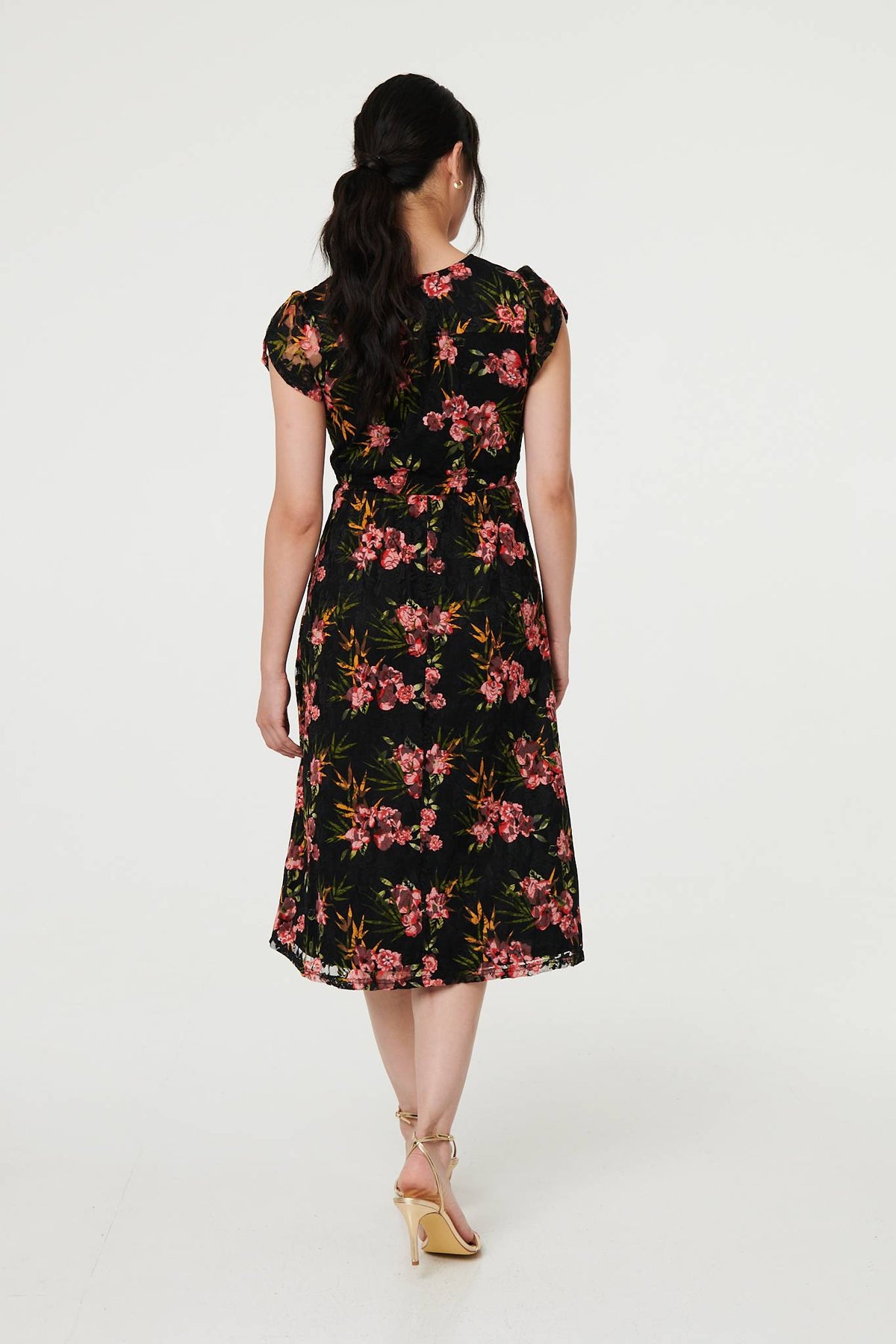 Floral Cap Sleeve Shirred Midi Dress Side View