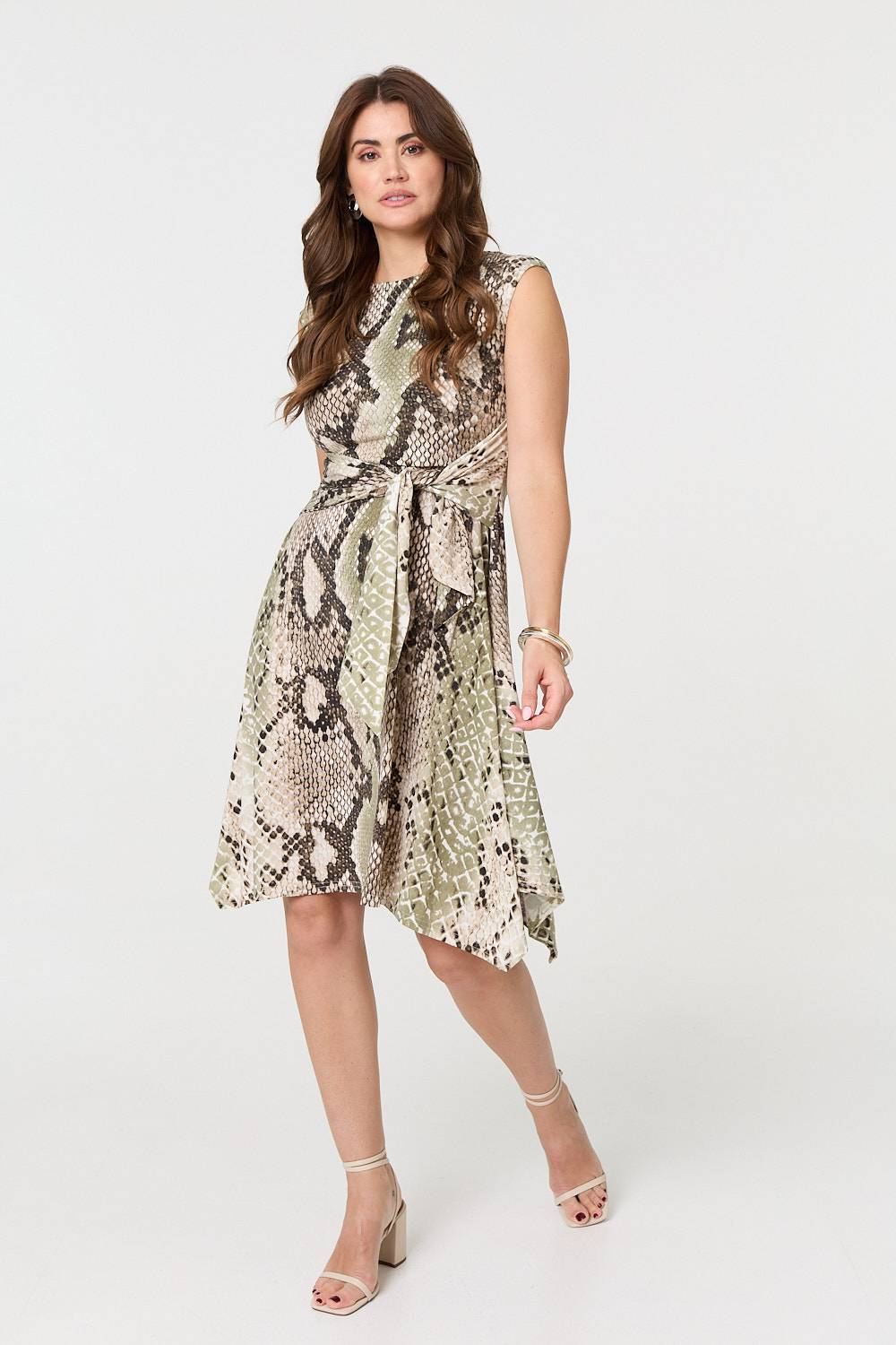 Snake Print Boat Neck Hanky Hem Short Dress Full Length View