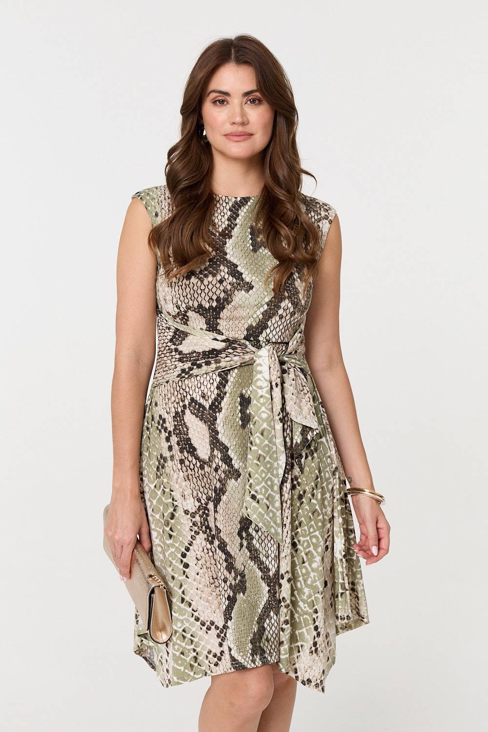 Snake Print Boat Neck Hanky Hem Short Dress Styled View