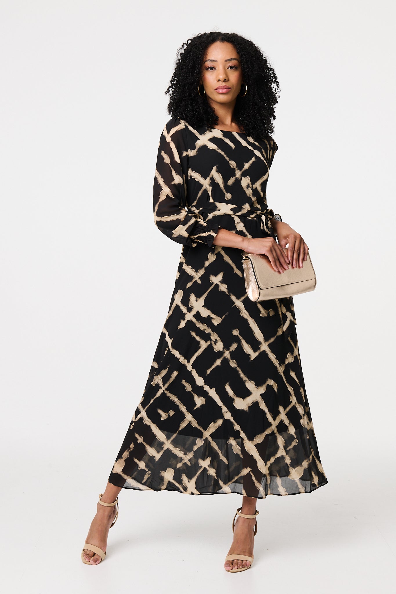Printed Long Sleeve Tie Waist Maxi Dress Front View