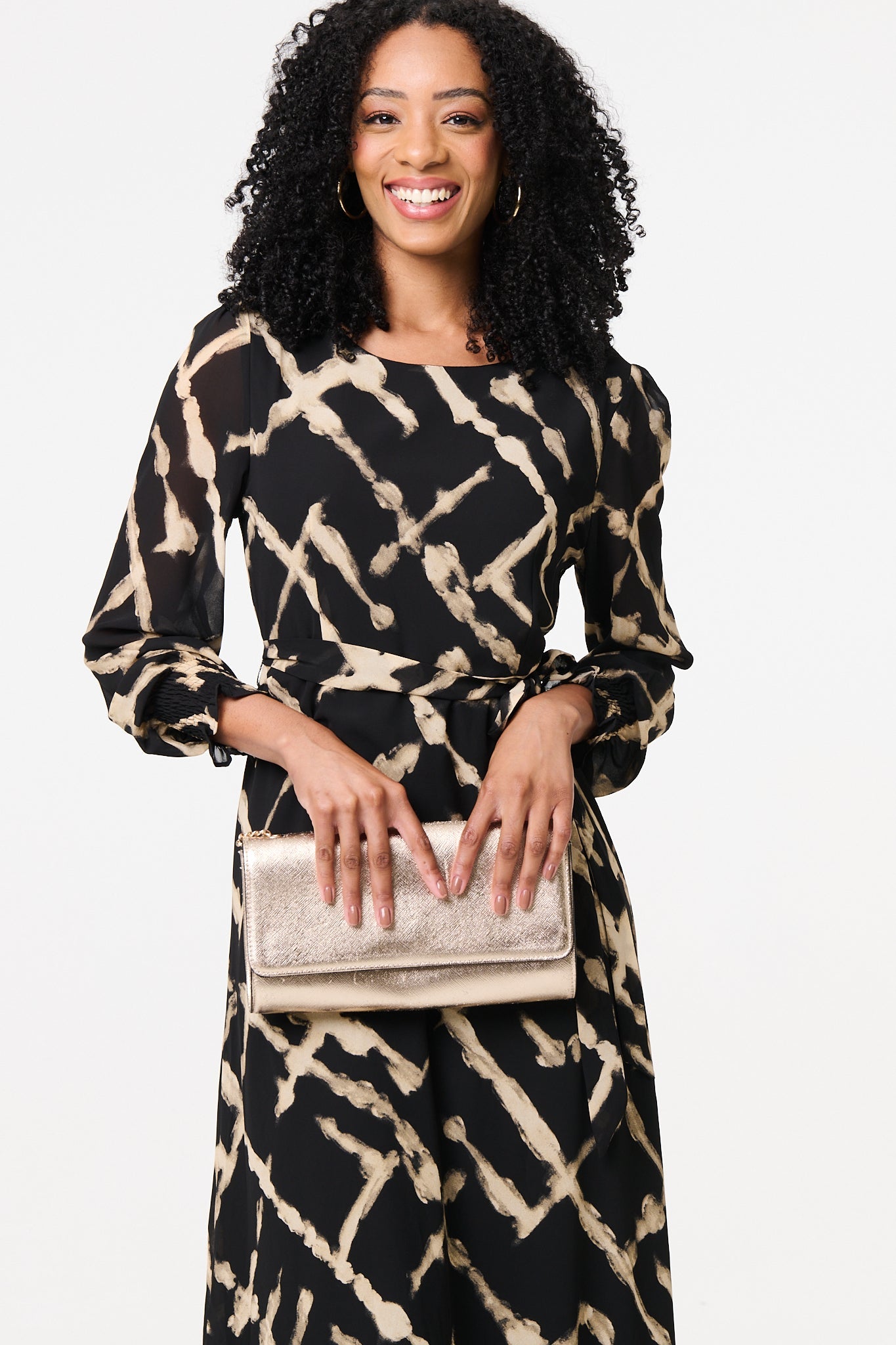 Printed Long Sleeve Tie Waist Maxi Dress Detail View