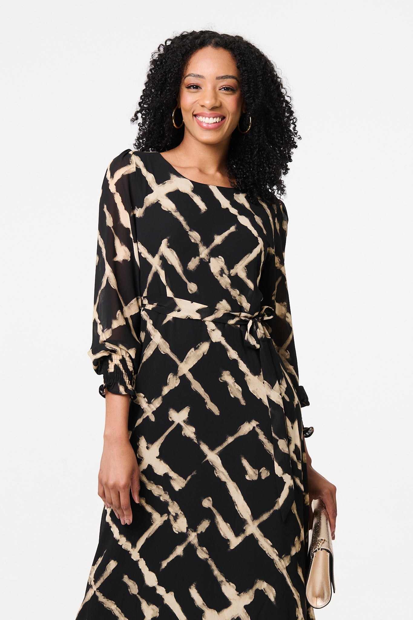 Printed Long Sleeve Tie Waist Maxi Dress Back View