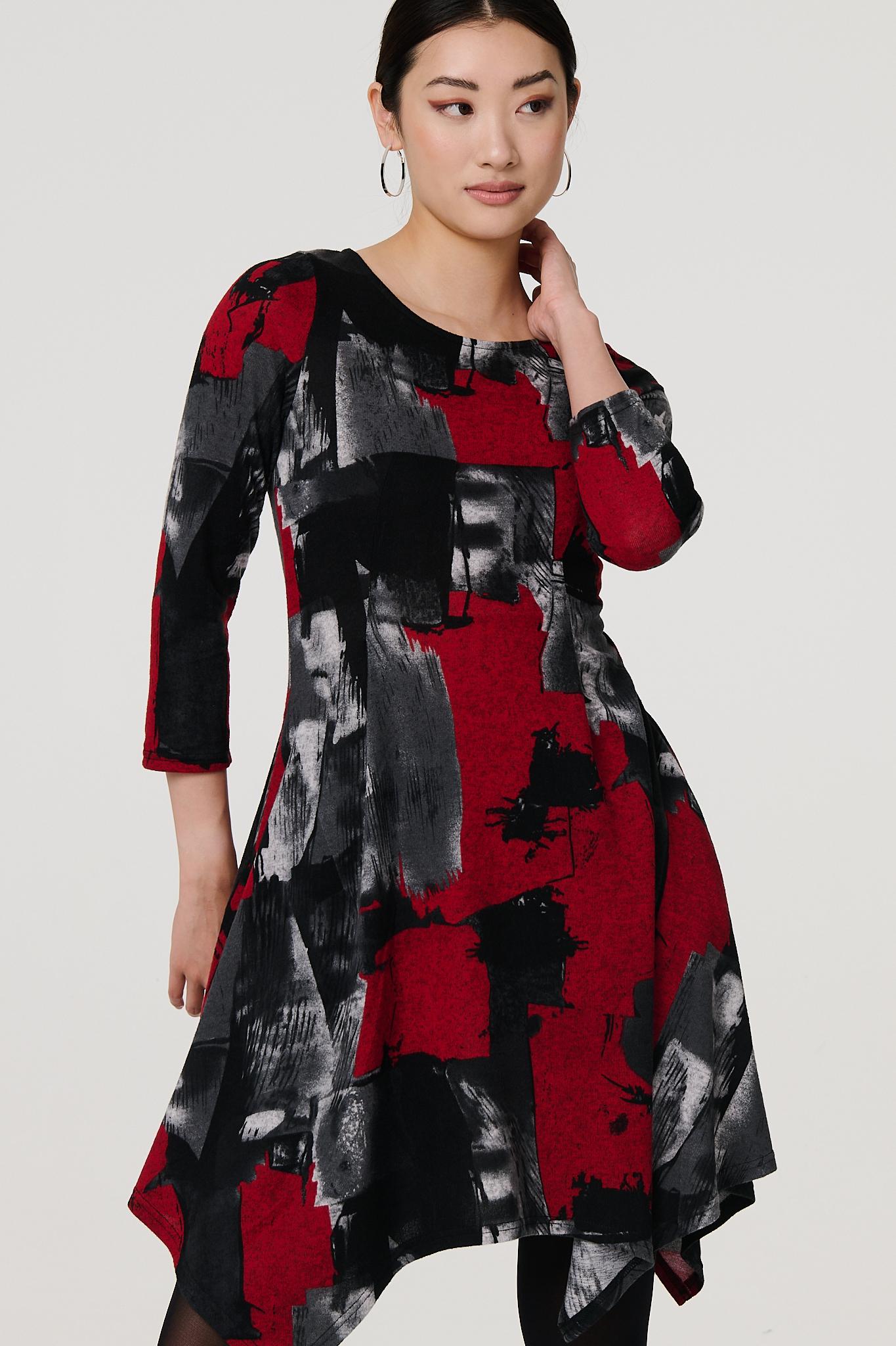 Abstract 3/4 Sleeve Hanky Hem Dress Side View 2
