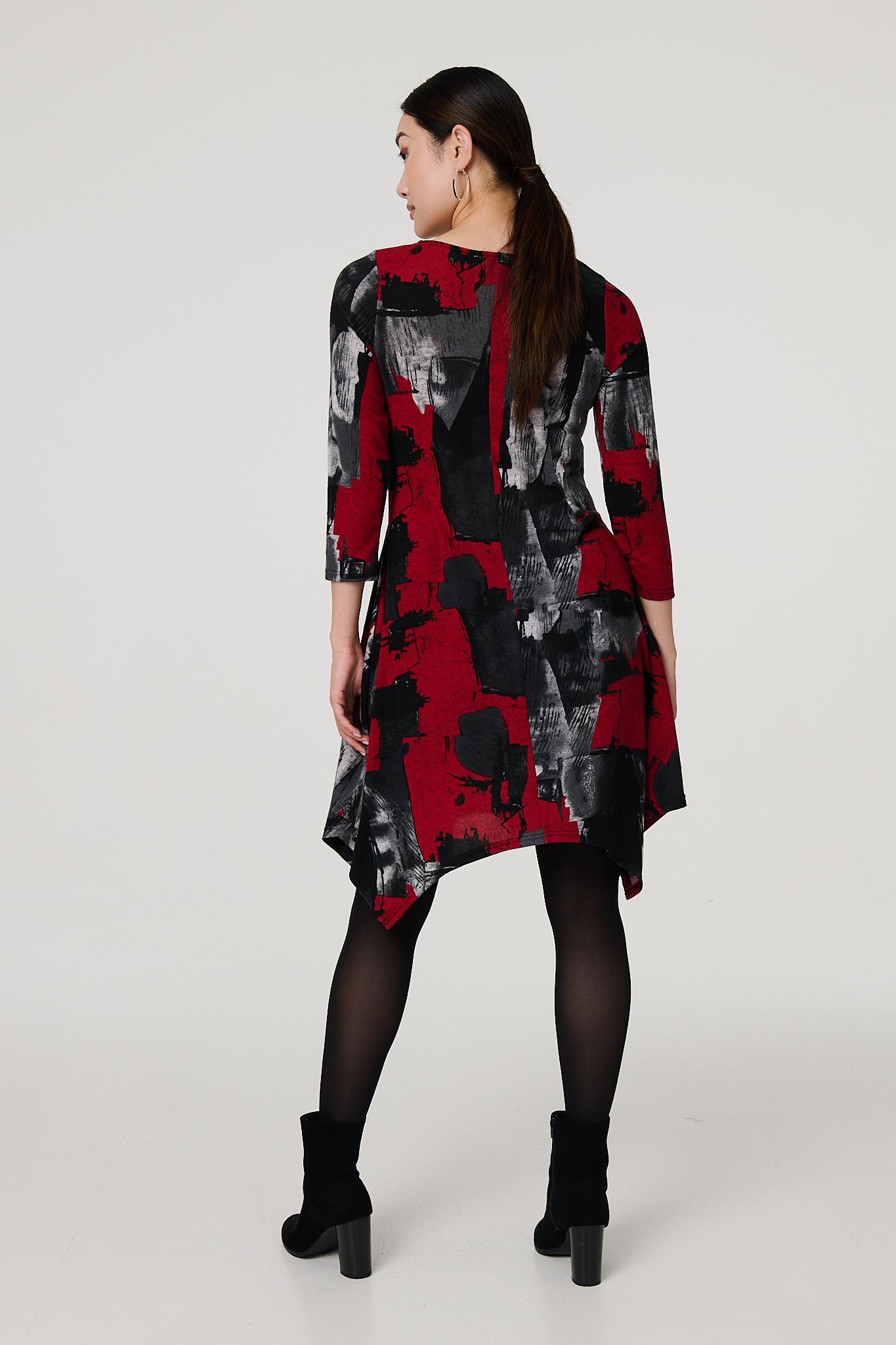 Abstract 3/4 Sleeve Hanky Hem Dress Detail View 2