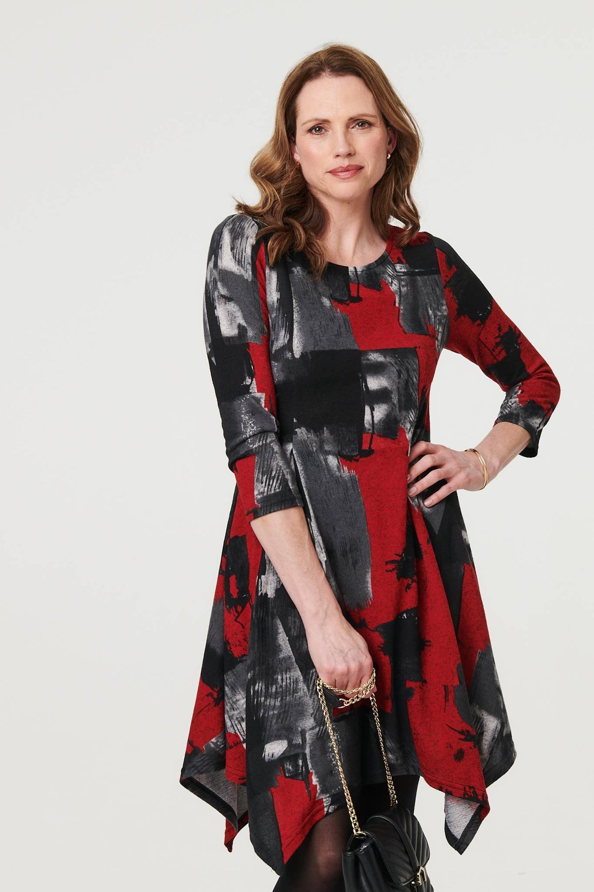 Abstract 3/4 Sleeve Hanky Hem Dress Back View 2