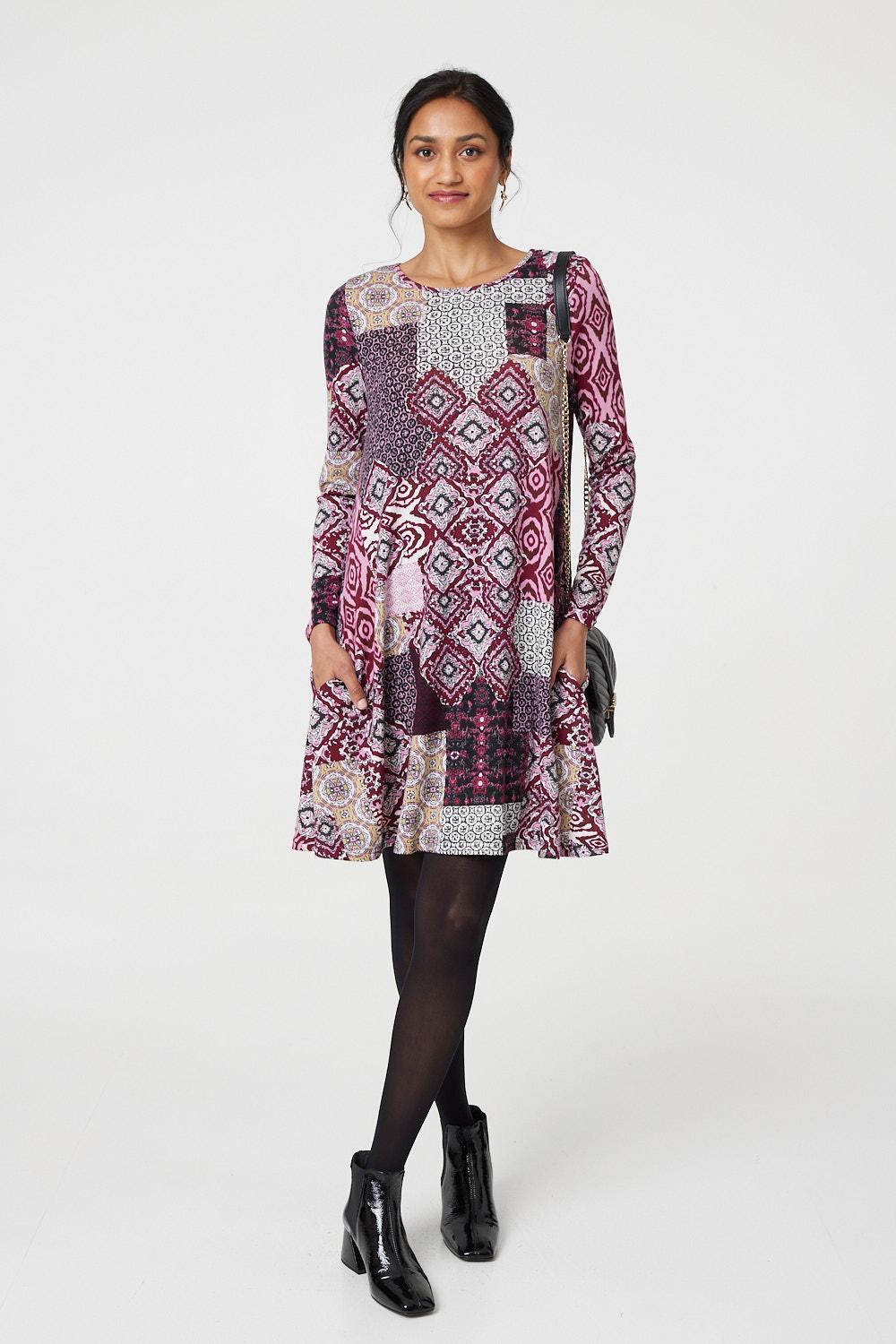 Patchwork Long Sleeve Short Swing Dress Back View 2