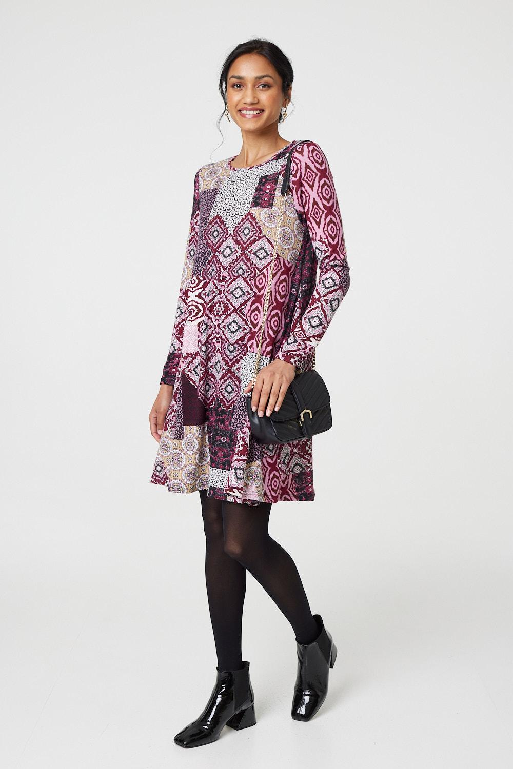 Patchwork Long Sleeve Short Swing Dress Detail View