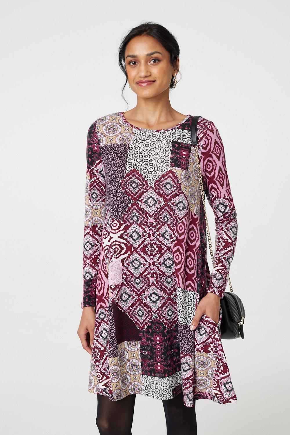 Patchwork Long Sleeve Short Swing Dress Front View