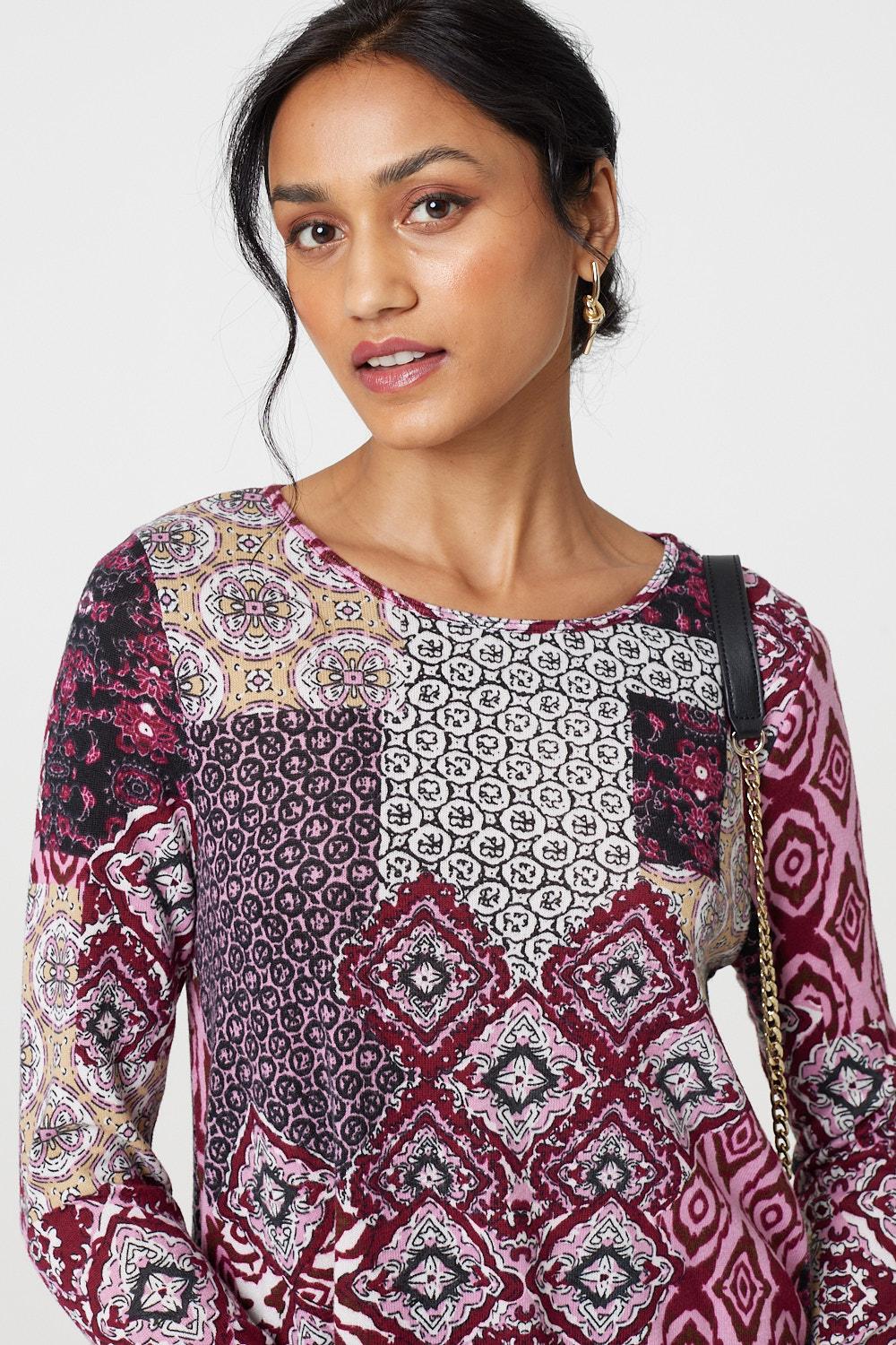 Patchwork Long Sleeve Short Swing Dress Front View 2
