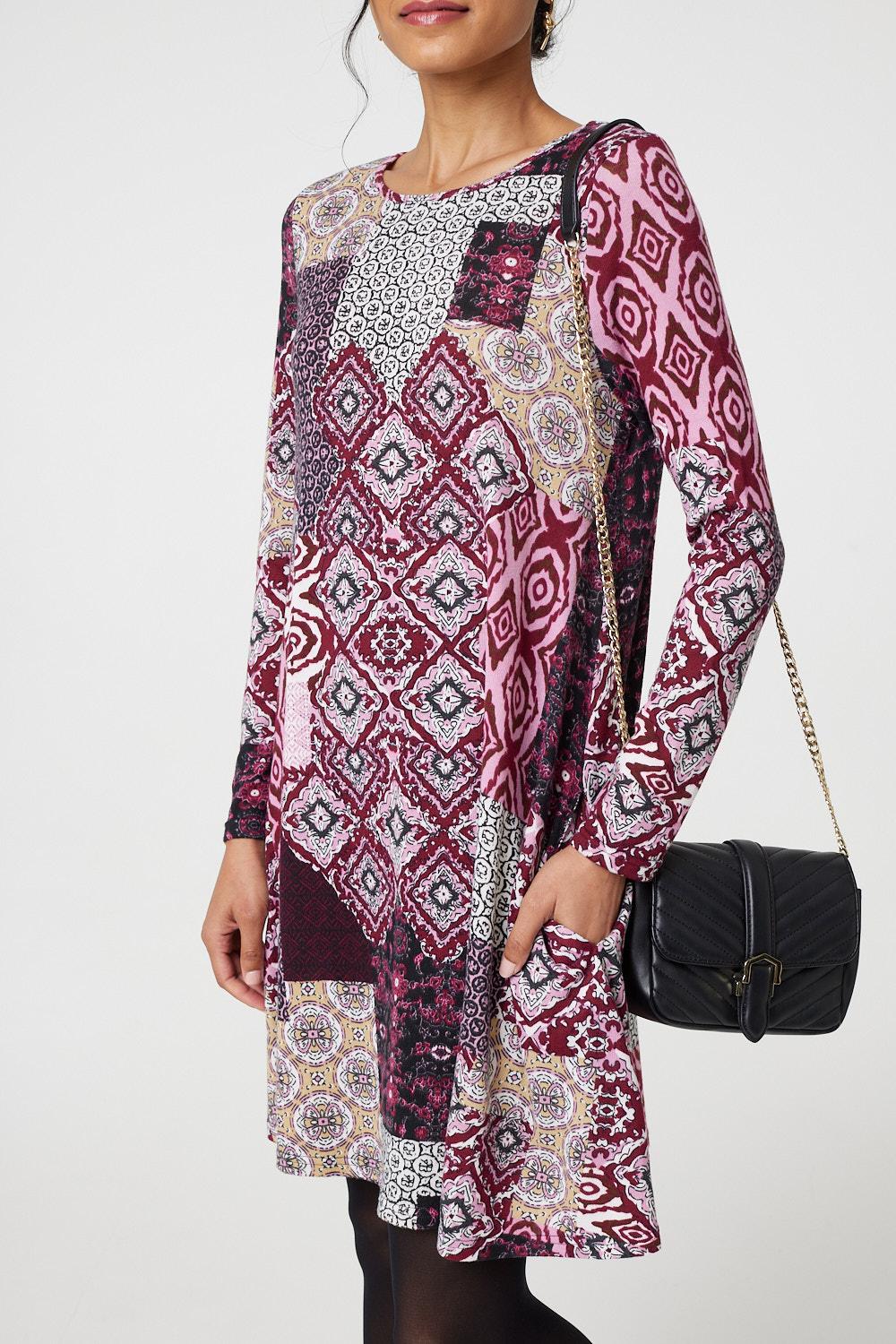 Patchwork Long Sleeve Short Swing Dress Side View