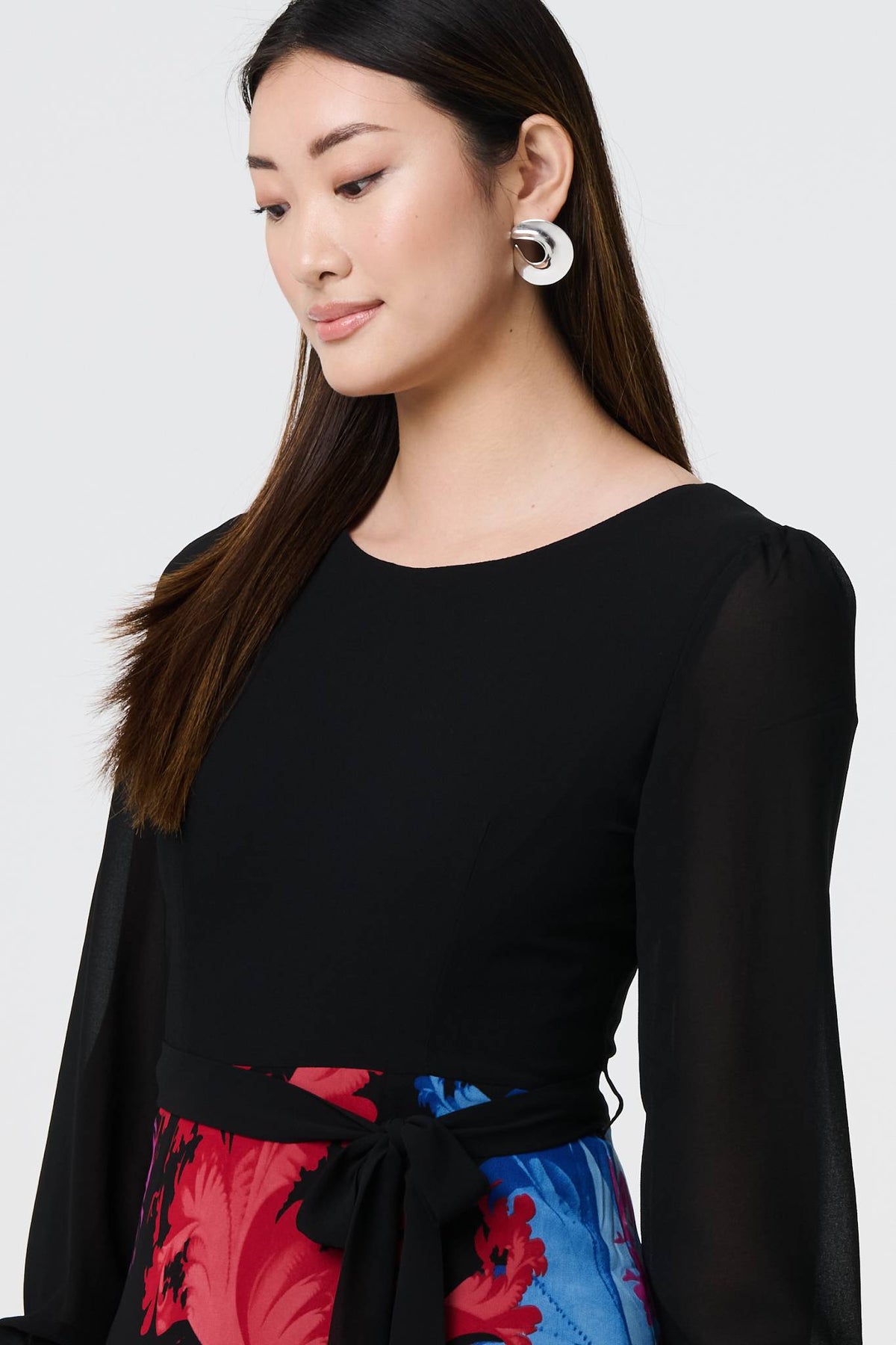 Floral Contrast Print Tie Waist Midi Dress Full Length View