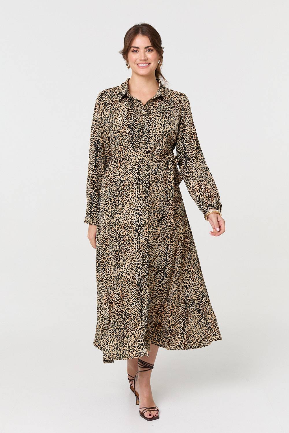 Animal Print Tie Waist Midi Shirt Dress Back View
