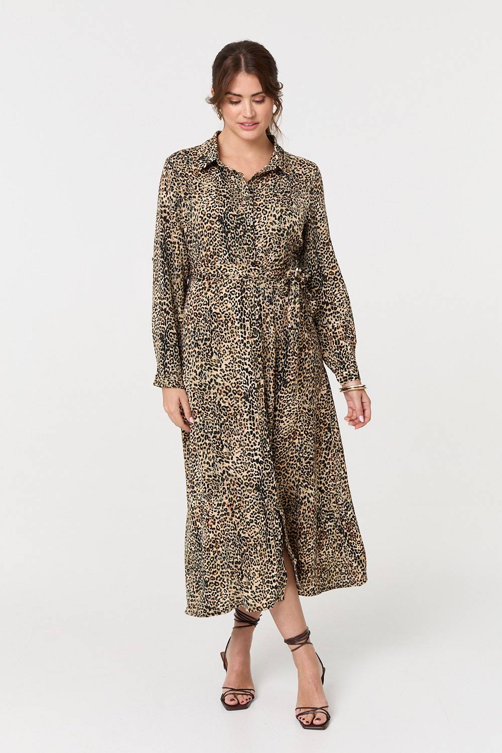 Animal Print Tie Waist Midi Shirt Dress Detail View 2