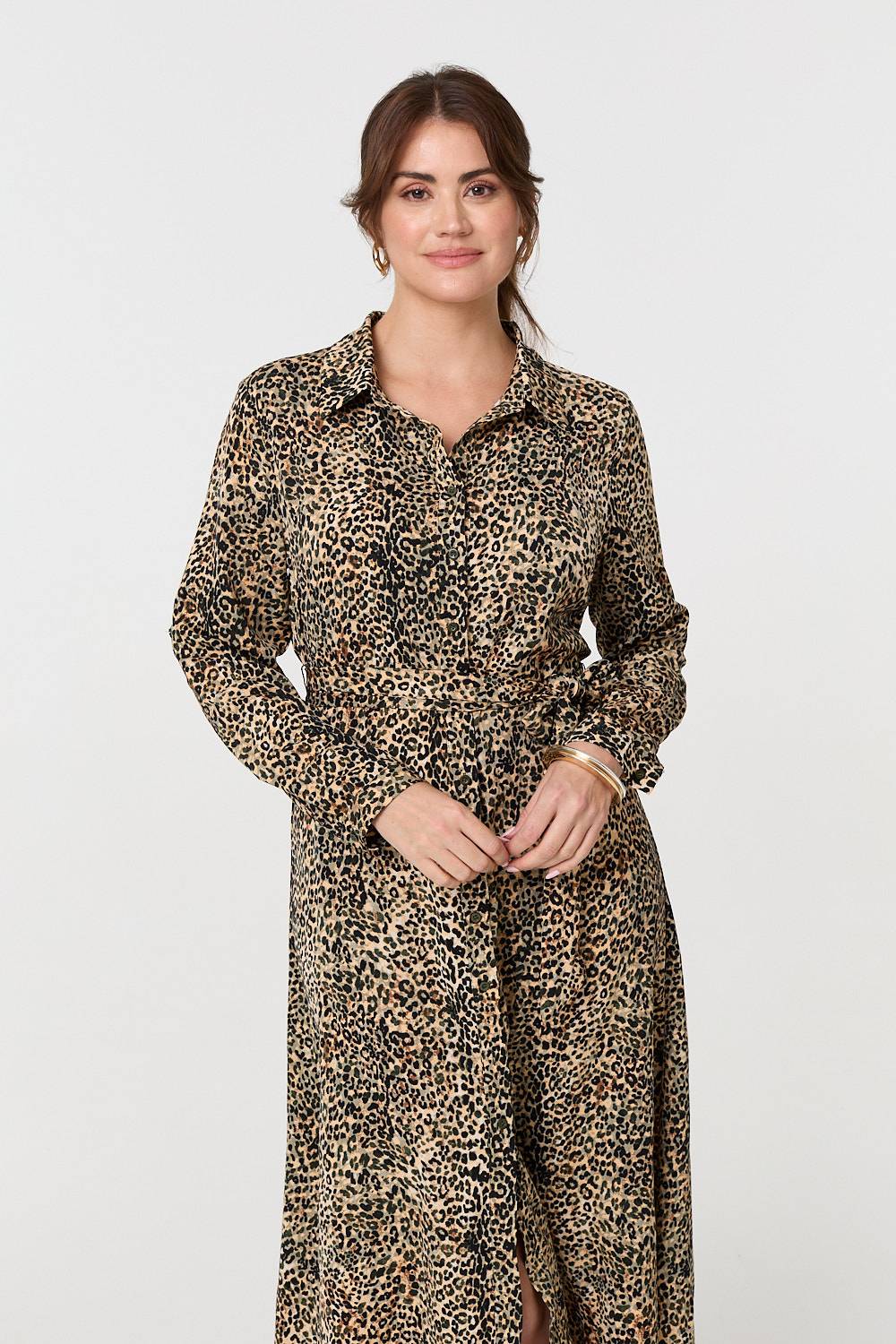 Animal Print Tie Waist Midi Shirt Dress Side View 2