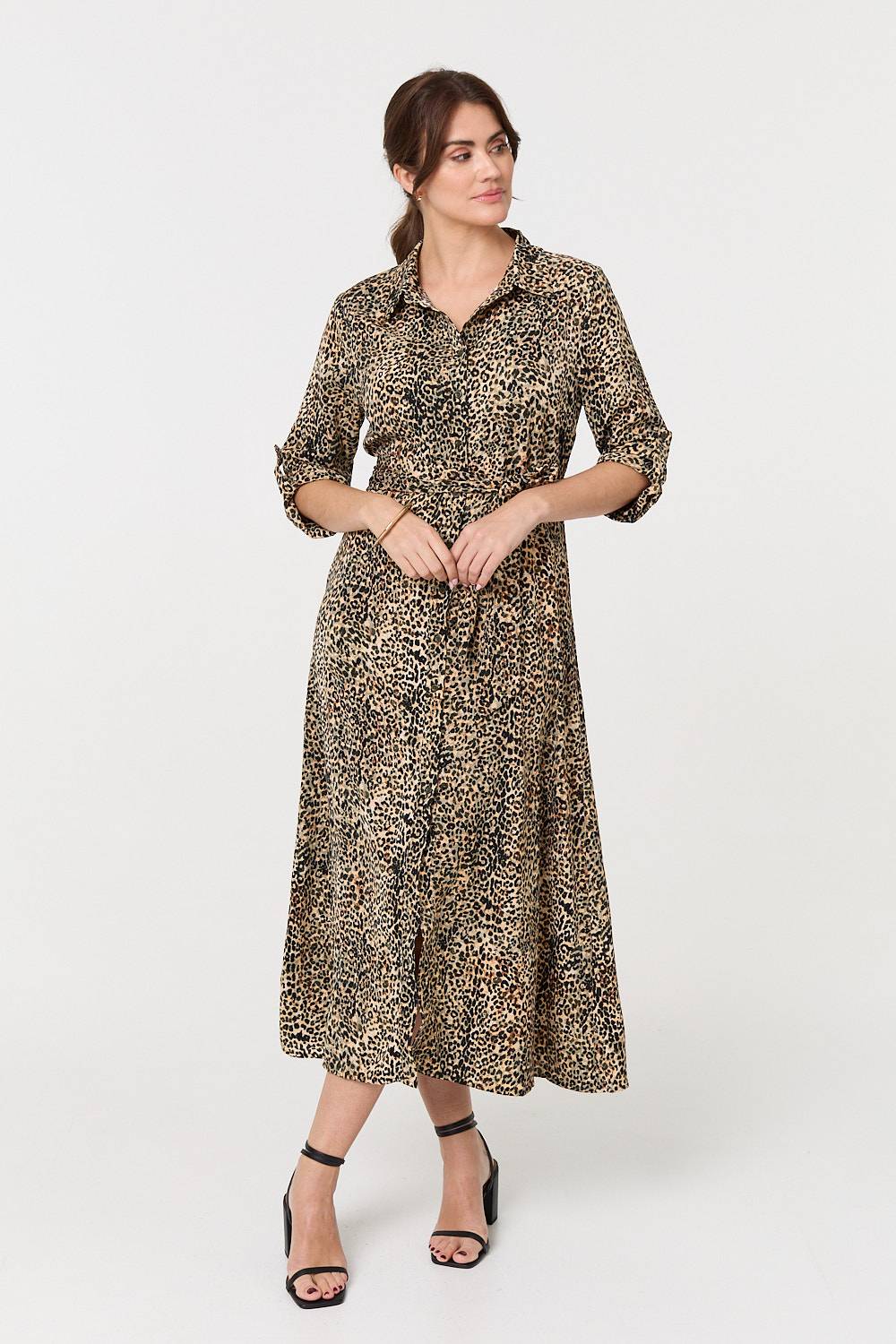 Animal Print Tie Waist Midi Shirt Dress Back View 2