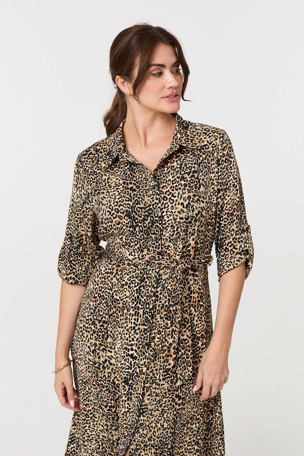 Animal Print Tie Waist Midi Shirt Dress Side View