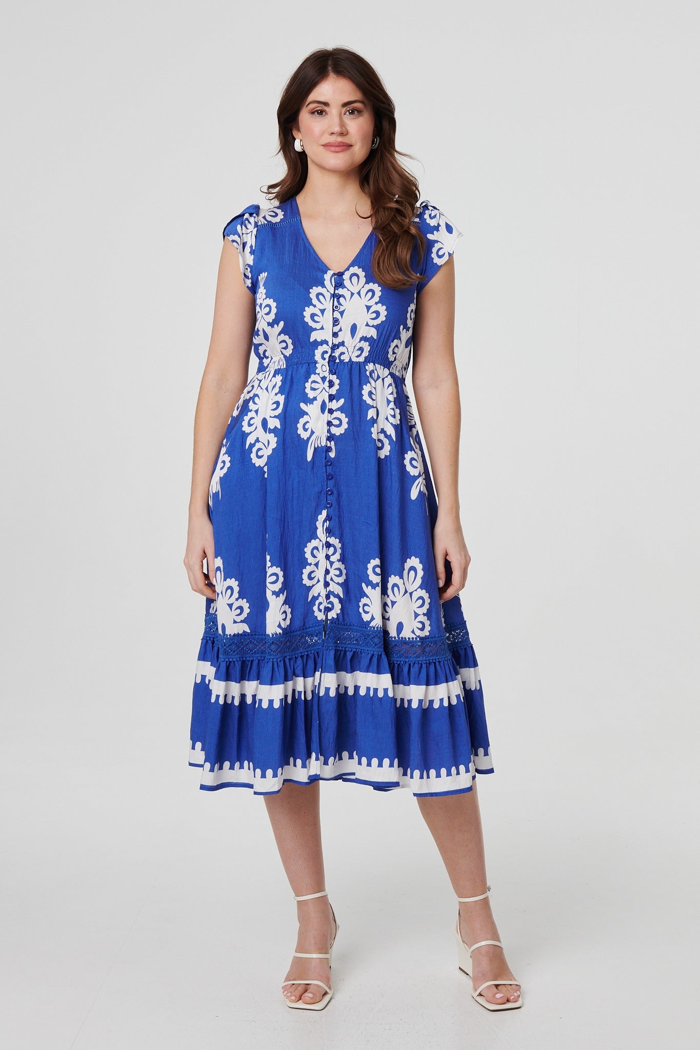 Ikat Print Cap Sleeve Lace Midi Dress Full Length View