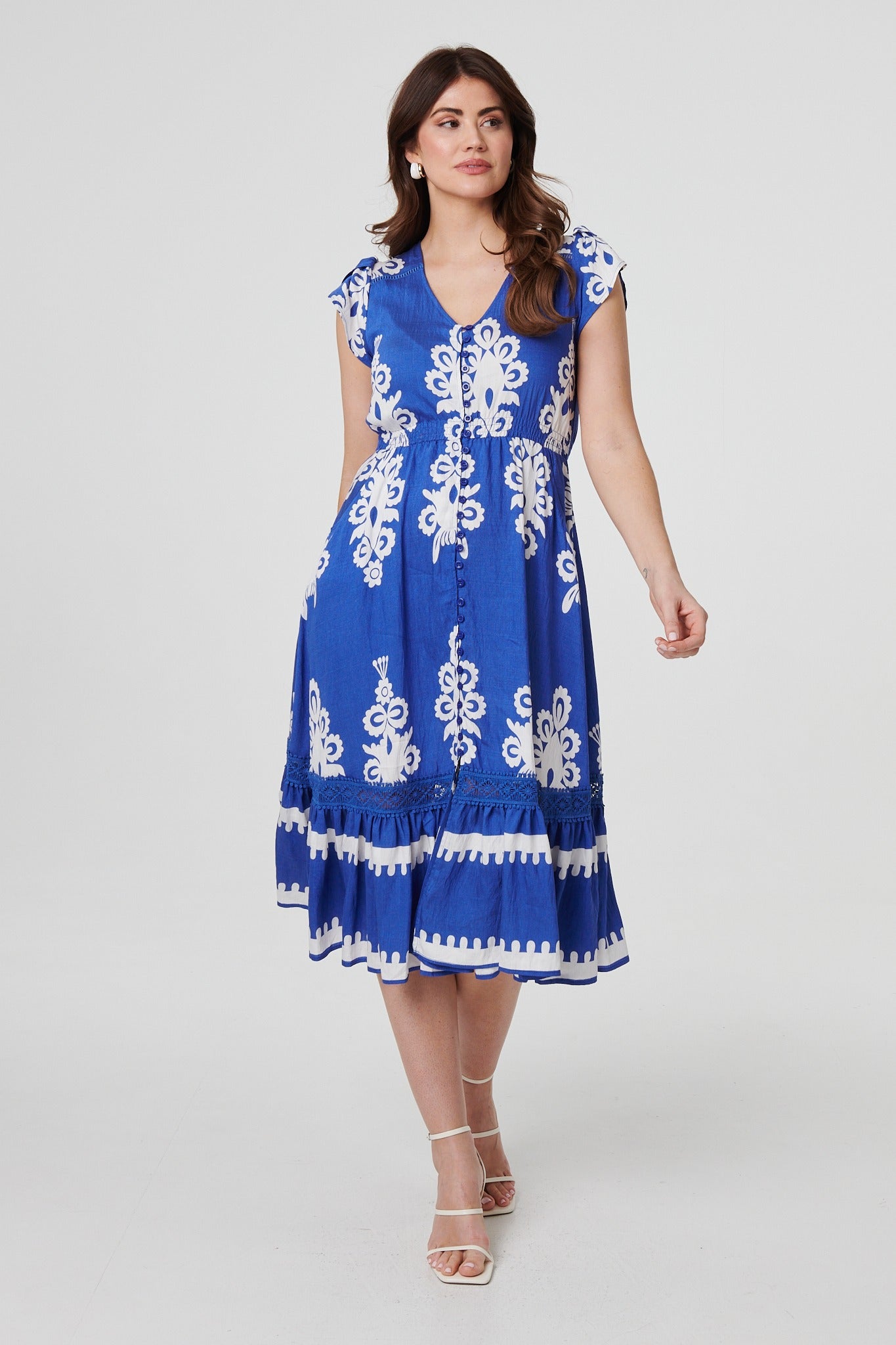 Ikat Print Cap Sleeve Lace Midi Dress Front View