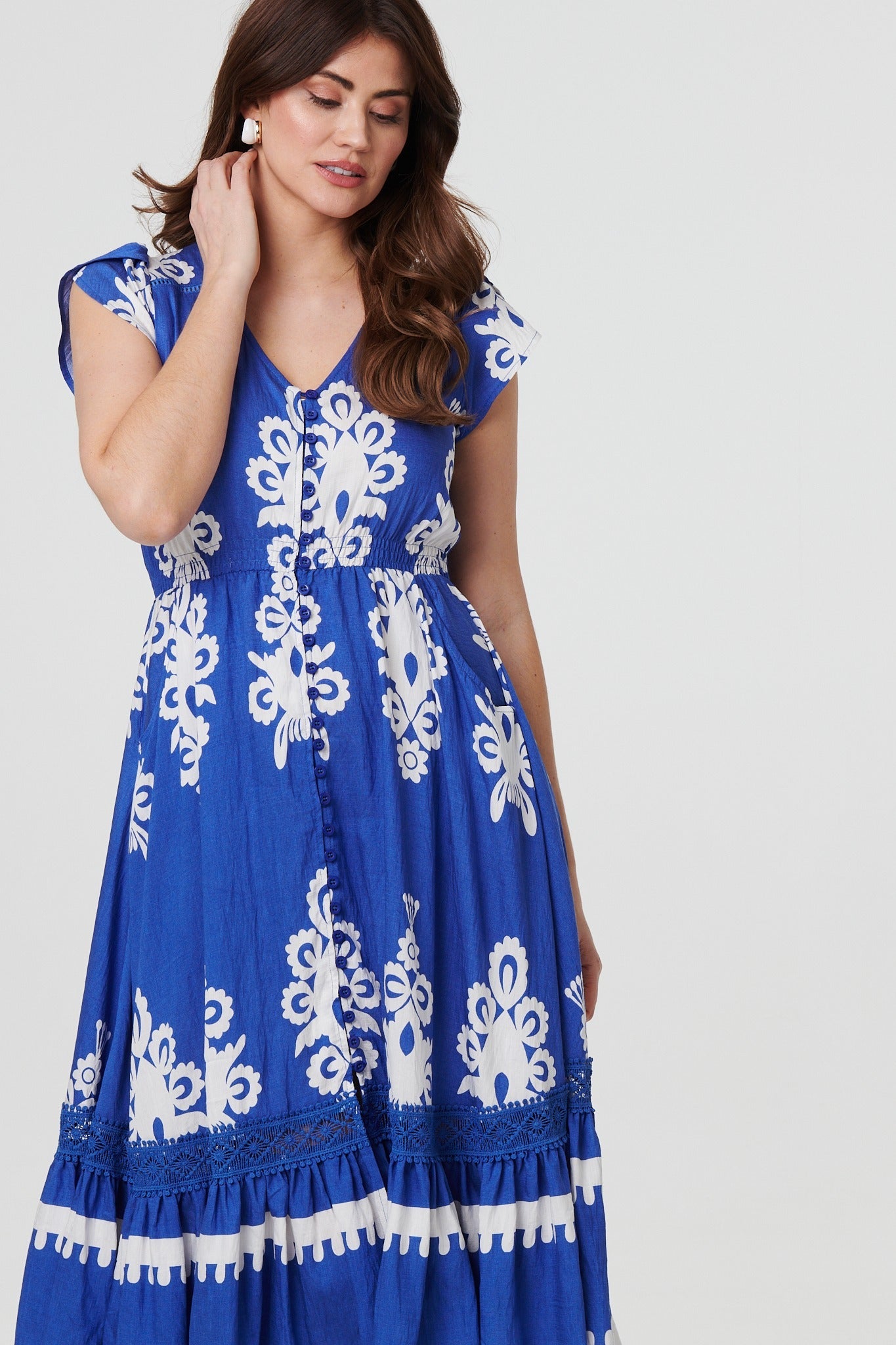 Ikat Print Cap Sleeve Lace Midi Dress Back View