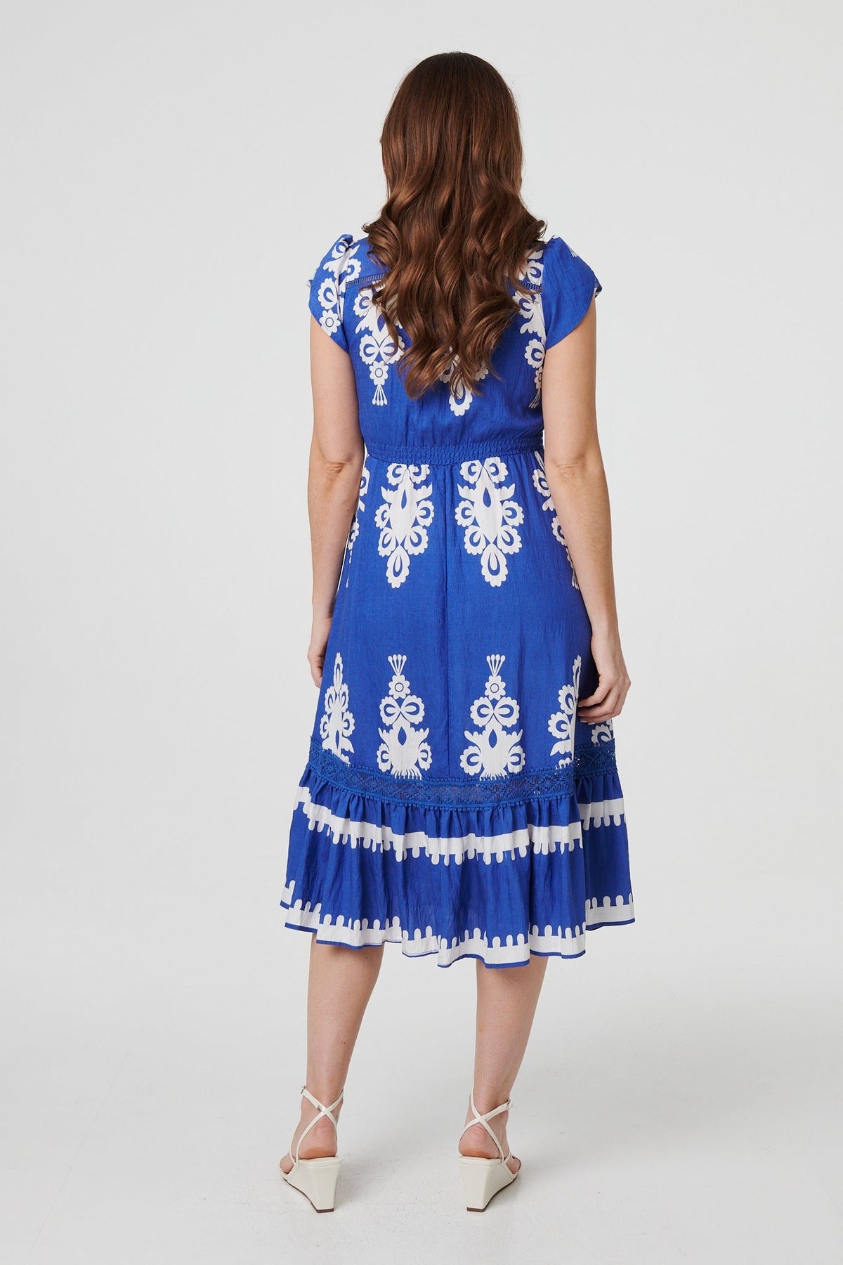Ikat Print Cap Sleeve Lace Midi Dress Side View