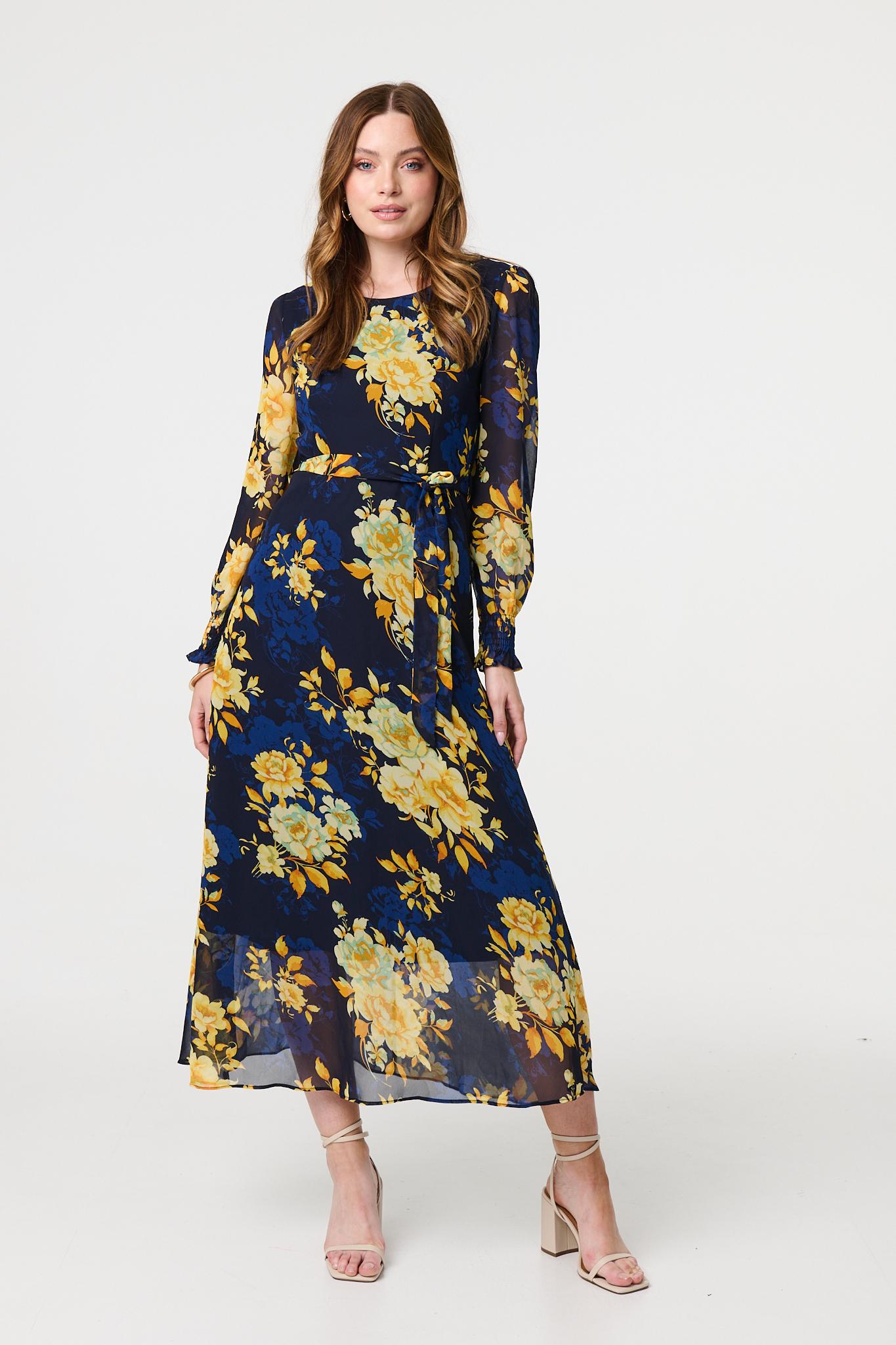 Floral Long Sleeve Chiffon Midi Dress Front View